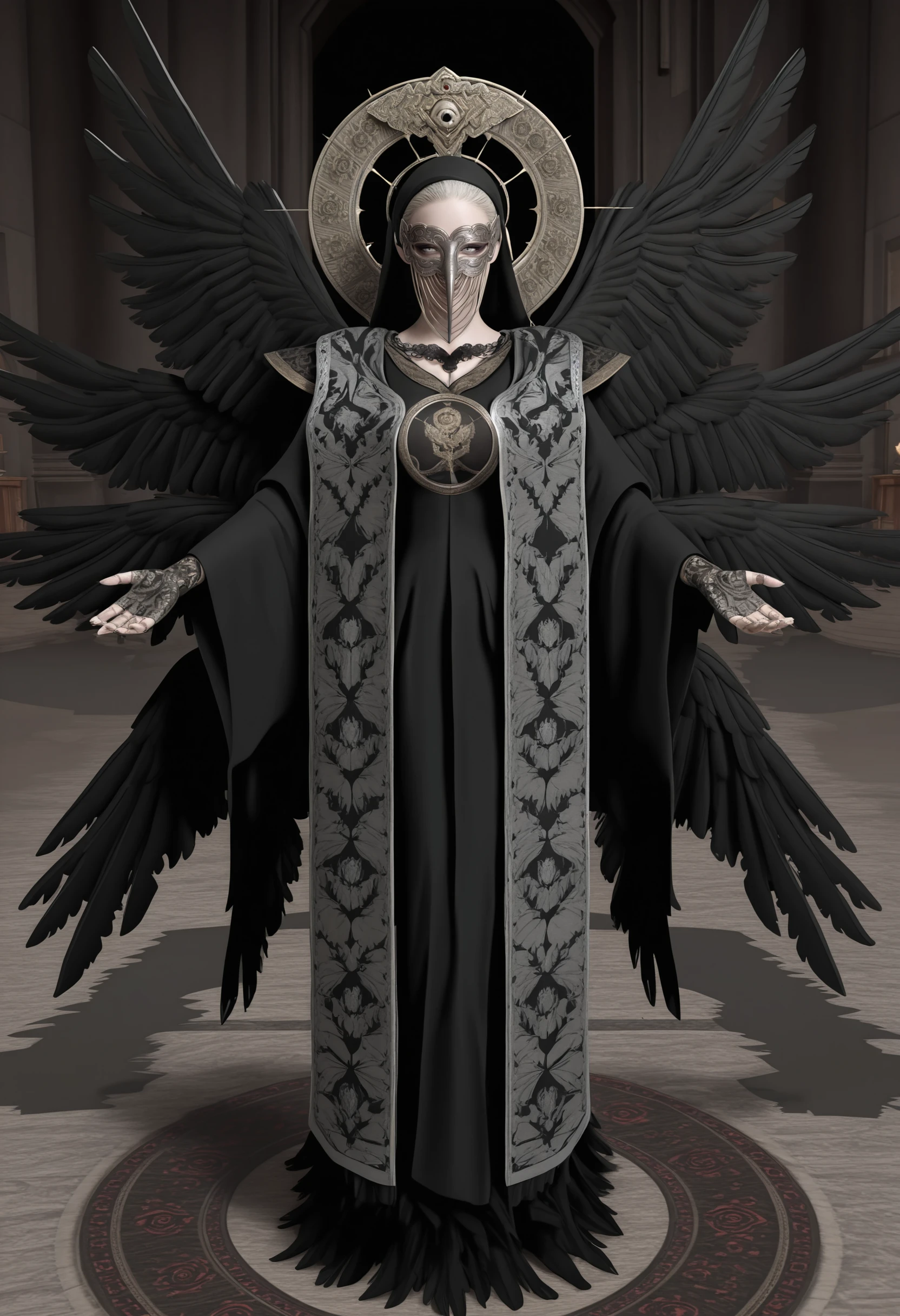 masterpiece, best quality, amazing quality, very aesthetic, absurdres, newest, <lora:MotherMirandaRE8ILf:1> m0tilf, 1girl, white hair, grey eyes, veil, halo behind head, wings, robe, mask, gloves, full body, standing,