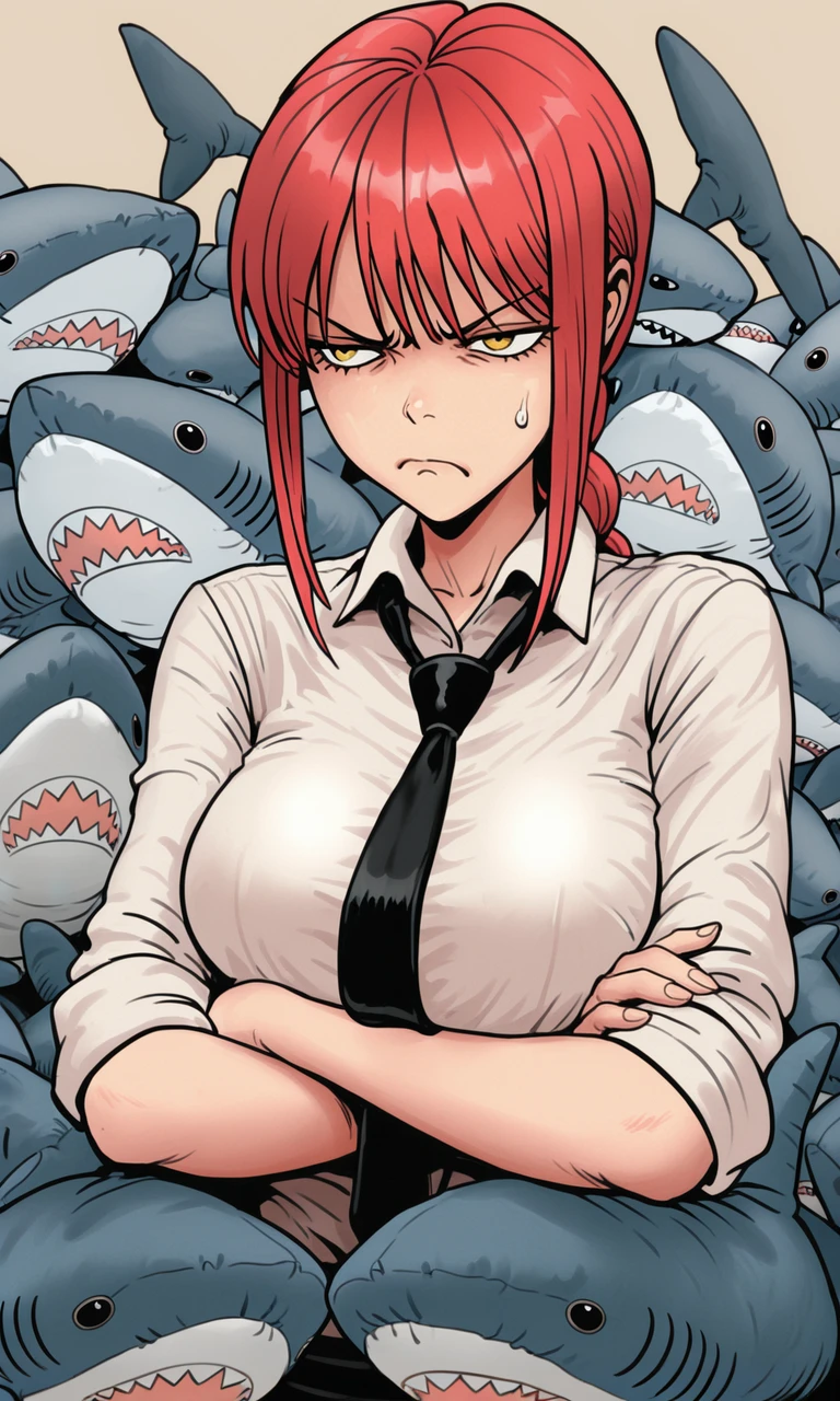 embedding:IllusP0s, f3rn4nd0, ((stuffed shark)) makima, annoyed, white shirt, black tie, 1girl, solo, arms crossed,<lora:Style_soph-Fernando-ILXL.safetensors:1.0:1.0> <lora:blahaj swarm_Illustrious.safetensors:1.0:1.0>