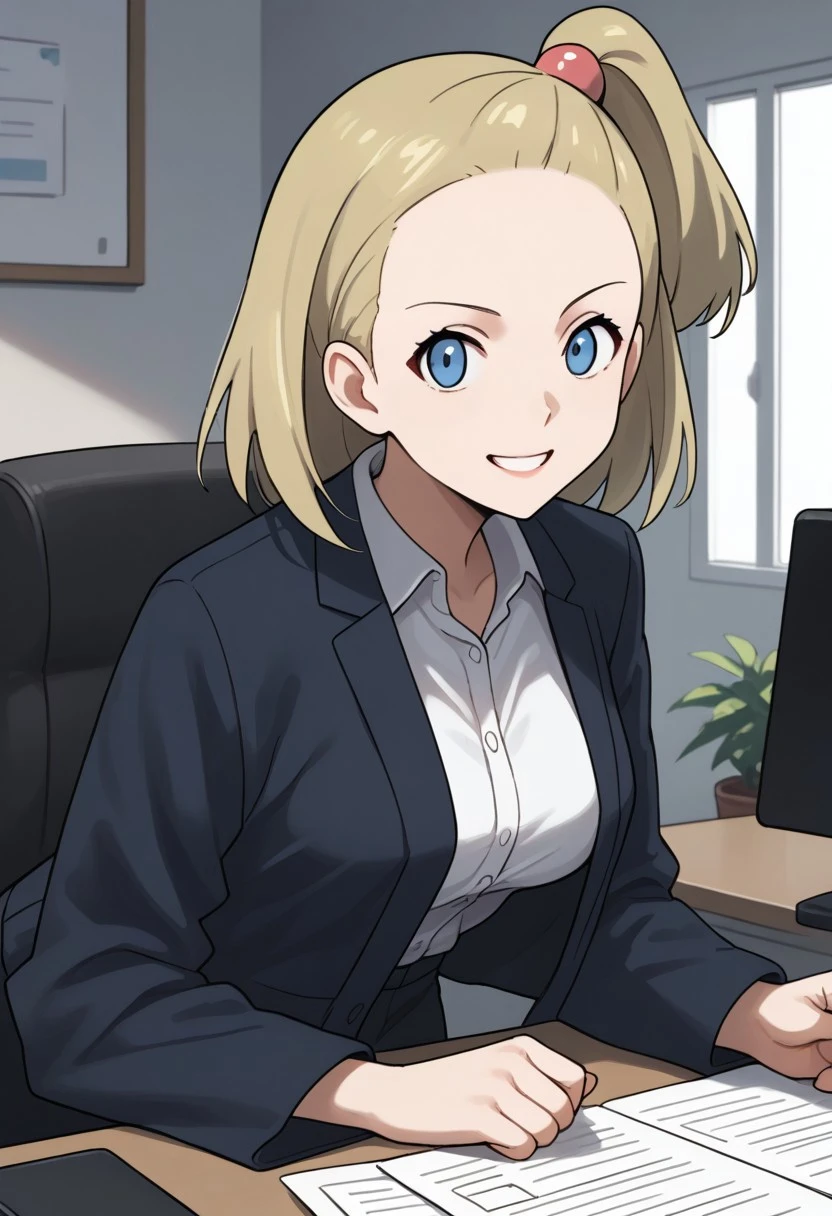 2d, masterpiece, best quality, amazing quality, 1girl, solo, close-up, standing, smile, upper body, looking at viewer, office, (mature female, adult body, grown up, aged up), medium breasts, battlegirlxy, blue eyes, short hair, blonde hair, one side up, hair bobbles, forehead, office lady,black jacket, collared shirt, white shirt, black pants, score_9, score_8_up, score_7_up,source_anime