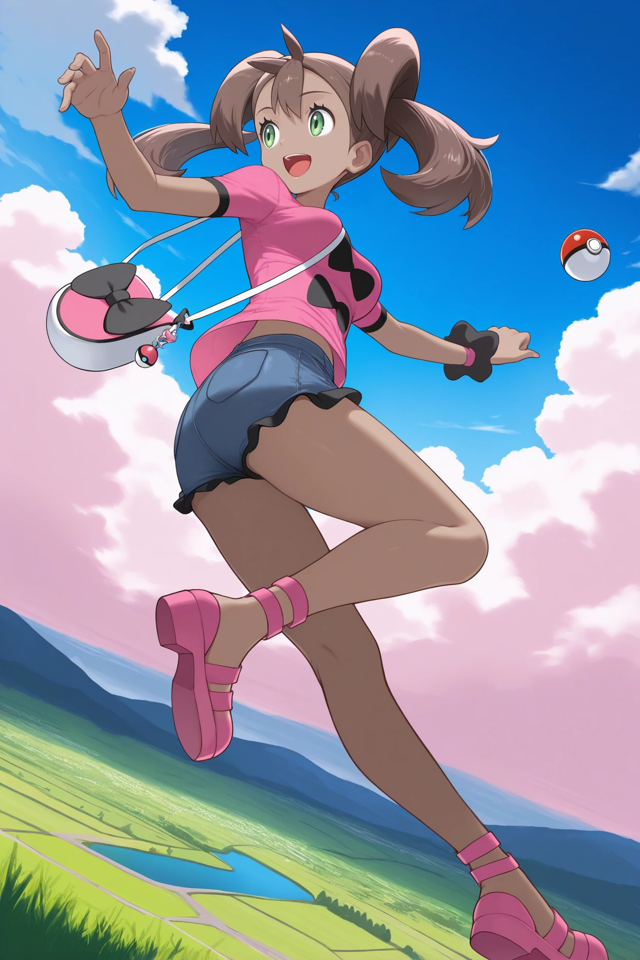 masterpiece, best quality, 1girl, solo, <lora:shauna-illu-nvwls-v1:1> pmnsn, dark-skinned female, twintails, brown hair, long hair, green eyes, pink shirt, bow print, short sleeves, denim shorts, wrist scrunchie, handbag, pink shoes, from below, falling, full body, dynamic pose, looking to the side, happy, open mouth, blue sky, clouds, field, landscape, poke ball, medium breasts