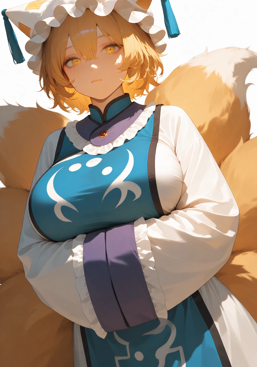 1girl, animal ears, blonde hair, blue tabard, breasts, buttons, closed mouth, cowboy shot, dress, fox ears, fox girl, fox tail, frills, hair between eyes, hands in opposite sleeves, hat, large breasts, long sleeves, looking at viewer, mob cap, multiple tails, short hair, simple background, solo, standing, tabard, tail, white background, white dress, white hat, wide sleeves, yellow eyes, BREAK character_concept, cowboy_shot, (dutch_angle:1.25), masterpiece, best quality, amazing quality, very aesthetic, absurdres, modern, recent, newest, <lora:NijiSemi_IL_Style_epoch_8:1> N1j1