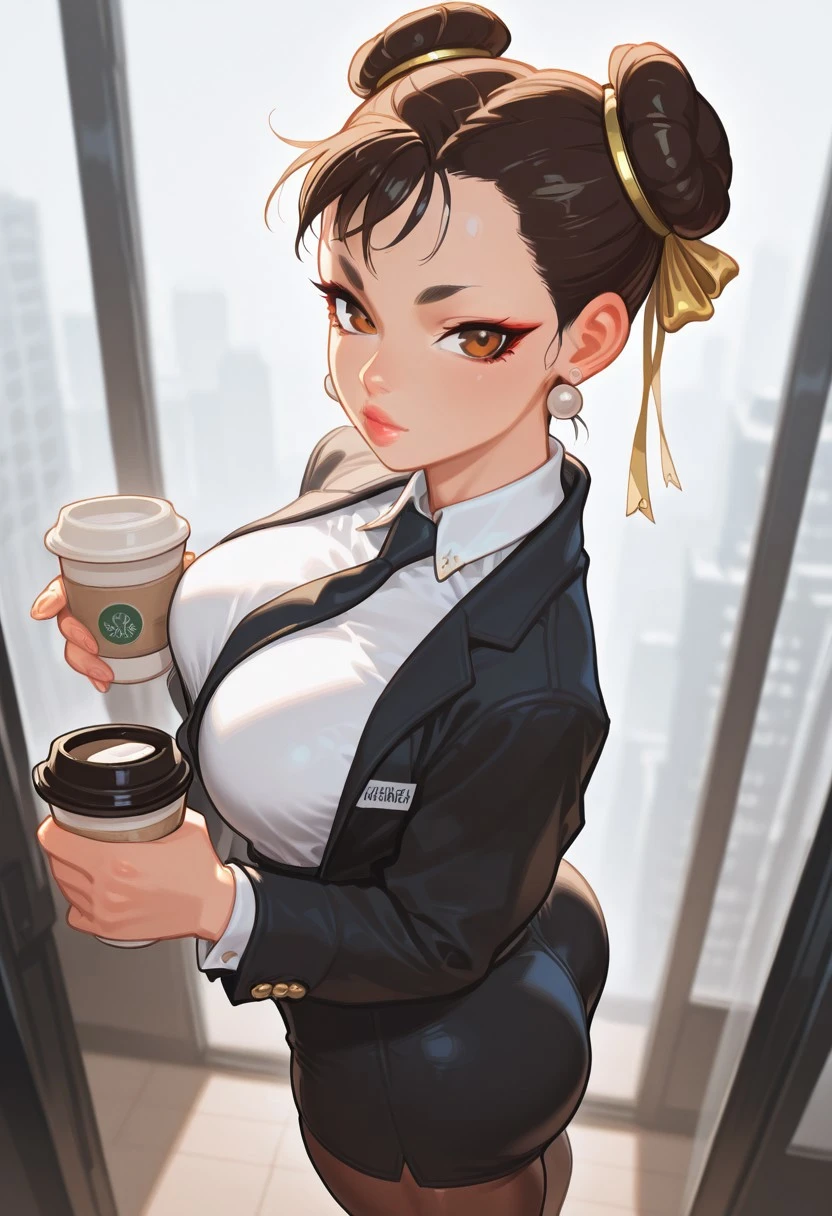 Chun_Li_XL, 1girl, solo, breasts, looking at viewer, shirt, large breasts, skirt, holding, ribbon, jewelry, jacket, white shirt, ass, pantyhose, earrings, necktie, black jacket, cup, lips, from above, suit, holding cup, black necktie, pencil skirt, office lady, disposable cup, coffee, brand name imitation, coffee cup, collared shirt, black skirt, formal