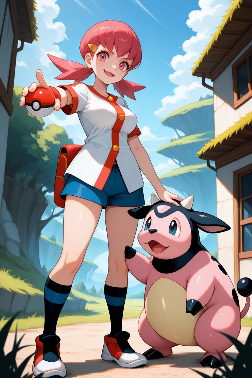 masterpiece, best quality, field, blue sky, building, 1girl, 
<lora:whitney-illu-nvwls-v1-000006:1> pkwtn, pink hair, low twintails, pink eyes, eyelashes, large breasts, gold hairclip, white shirt, buttons, short sleeves, single wristband, blue shorts, shorts shorts, striped socks, blue socks, black socks, sneakers, full body, holding poke ball, pointing at viewer, smirk, open mouth, 
miltank, pokemon
