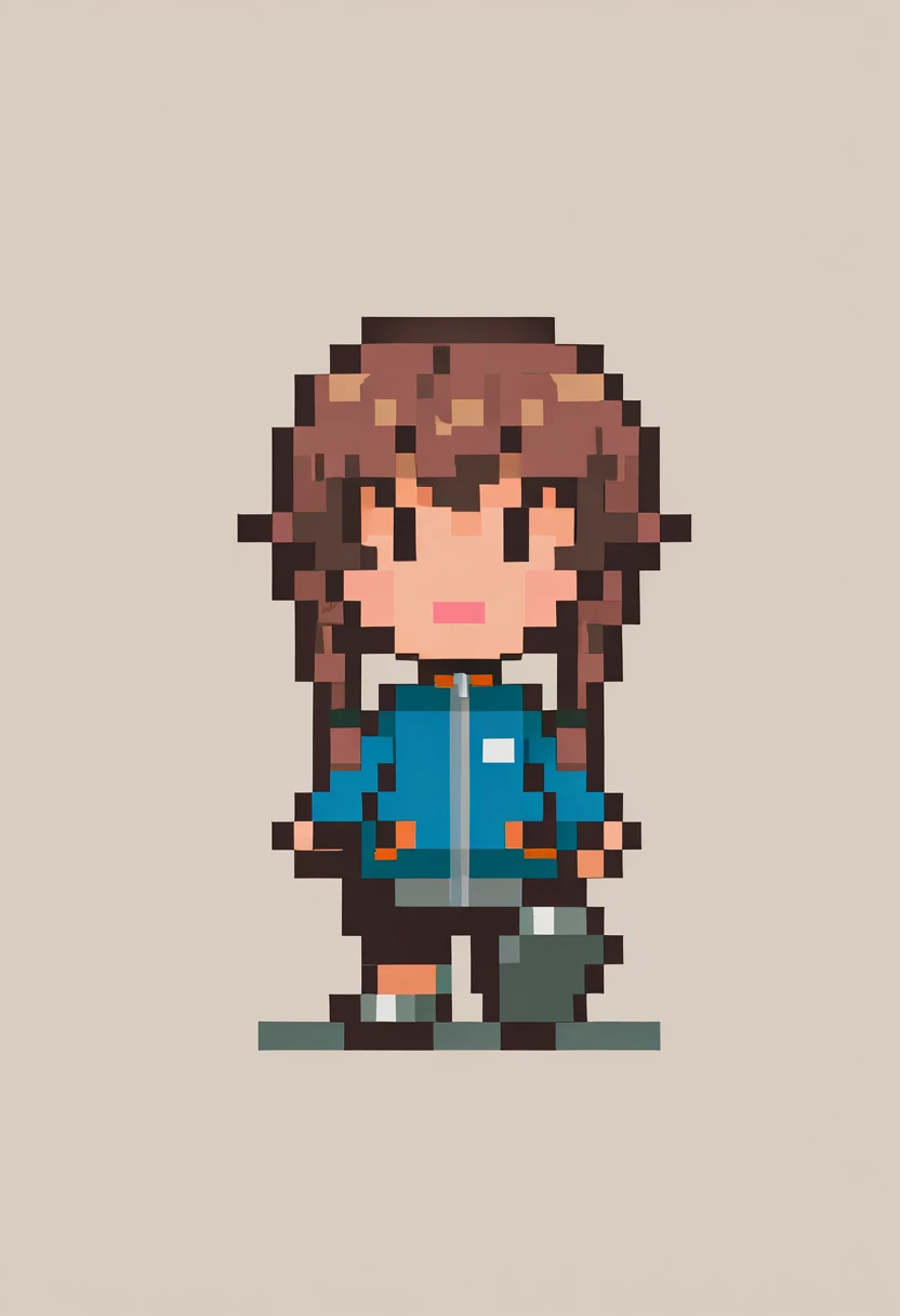 masterpiece, best quality, 1girl, expressionless, closed mouth, <lora:EarthboundSprites-illu:1> solo, chibi, pixel art, full body, walking, looking at viewer, solid oval eyes, simple background, <lora:steinsgate_amane_illustriousXL:1> long hair, brown hair, twin braids, blue jacket, track jacket, long sleeves, black shorts, bike shorts, shoes