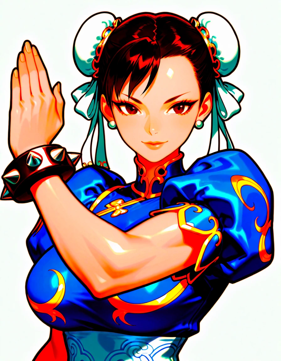 (masterpiece), (best quality), (ultra-detailed), Chun_Li_XL, 1girl, solo, breasts, smile, simple background, large breasts, white background, dress, closed mouth, jewelry, upper body, short sleeves, earrings, puffy sleeves, bracelet, puffy short sleeves, lips, blue dress, chinese clothes, china dress, spikes, fighting stance, bun cover, spiked bracelet, illustration, disheveled hair, detailed eyes, perfect composition, moist skin, intricate details, earrings, perfect face, ((perfect eyes)), detailed background, 4 k, anime art, anime style,masterpiece, best quality, highres, absurdres, newest ,masterpiece, best quality, highres, absurdres, newest,masterpiece, best quality, highres, absurdres, newest, ((detailed face and eyes)), Chun_Li_XL, 1girl, solo, breasts, smile, simple background, large breasts, white background, dress, closed mouth, jewelry, upper body, short sleeves, earrings, puffy sleeves, bracelet, puffy short sleeves, lips, blue dress, chinese clothes, china dress, spikes, fighting stance, bun cover, spiked bracelet, very coherent symmetry, stunning, highly detailed, cinematic, vibrant colors, intricate, elegant, magical atmosphere, mystical, enhanced, best, designed, epic, sharp focus, beautiful, dramatic, full color, winning, unique, creative, attractive, gorgeous, cute, artistic, surreal, amazing, perfect, awesome, pretty, inspired, intense, breathtaking, illuminated, light