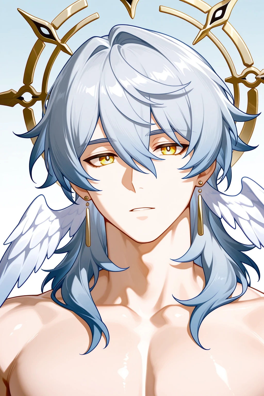 <lora:CCD-IL-000009:0.8>,CCD,sunday \(honkai: star rail\), honkai: star rail,1boy, yellow eyes, hair between eyes, grey hair, medium hair, long hair, blue hair,halo, head wings, white wings, feathered wings, earrings, white wings,portrait,bara,male focus,very awa,masterpiece,best quality,amazing quality,nsfw,uncersored,highres,best quality,amazing quality,best aesthetic,absurdres,