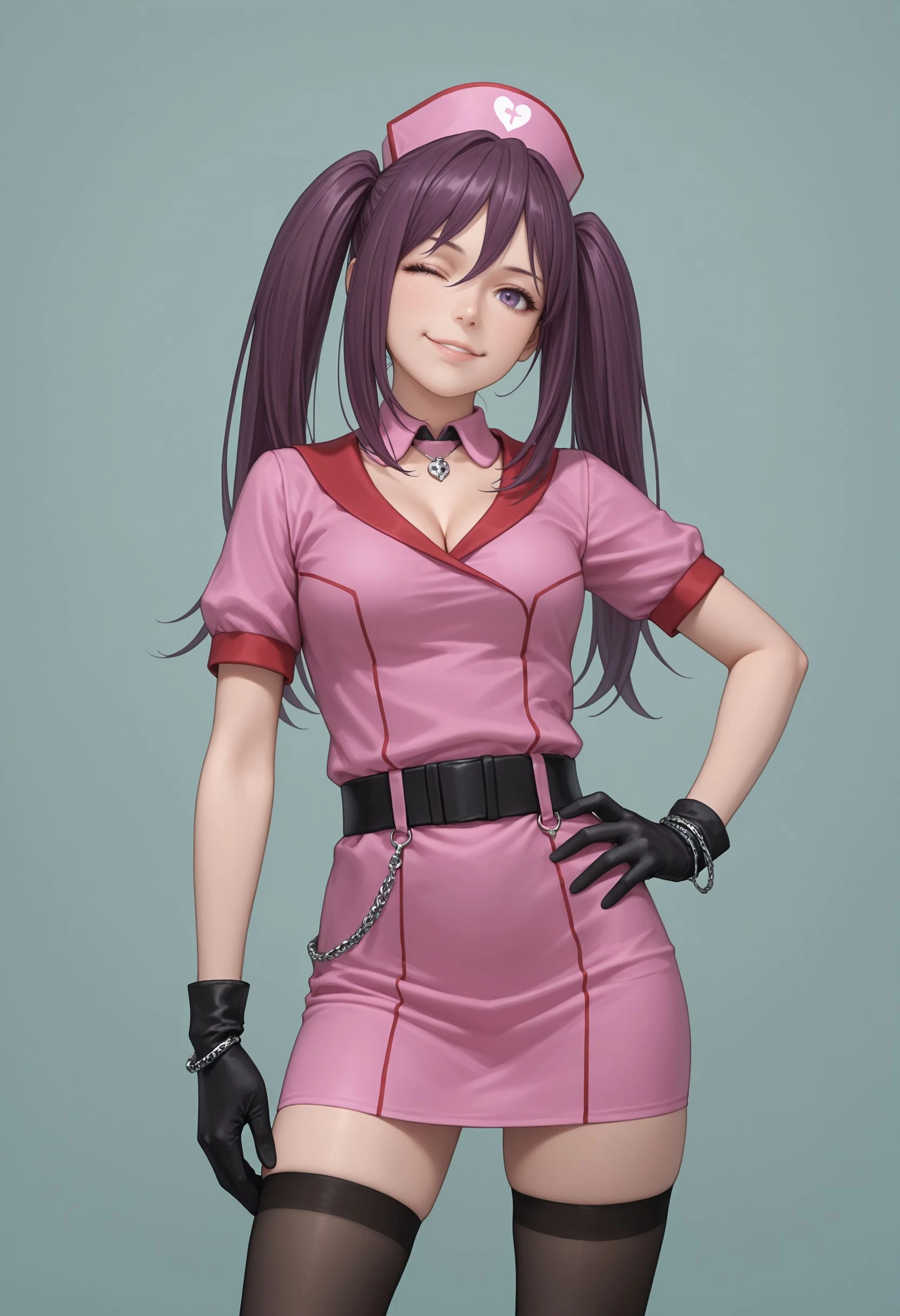 masterpiece,best quality,absurdres,highres,very aesthetic,high quality,detailed,insanely detailed,beautiful, , (realistic:0.5), solo, 1girl
very aesthetic, newest,looking at viewer, smile, hand on hips, light blue background, star symbol, one eye closed, very awa <lora:Mitori Kouzaku illu V2:1>1girl, long hair, purple eyes, purple hair, twintails, hat, nurse cap, pink dress, black gloves, short sleeves, black thighhighs, cleavage, jewelry, belt