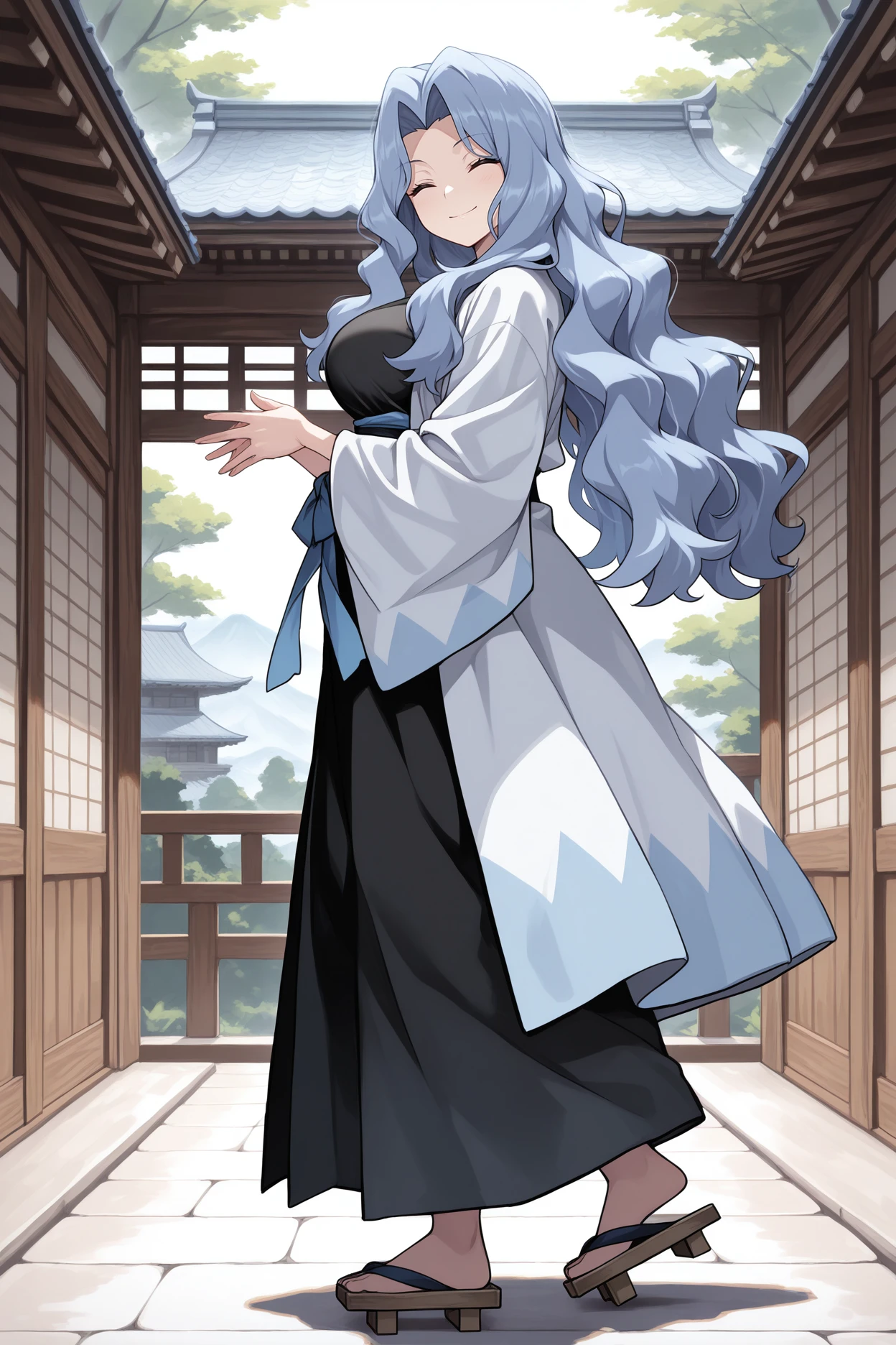 masterpiece, best quality, 1girl, solo, <lora:pkmnkaren-illu-nvwls-v1-000006:1> pkkar, wavy hair, light blue hair, very long hair, parted bangs, large breasts, white haori, black kimono, sash, looking at viewer, wide sleeves, closed eyes, smile, from side, full body, geta, japanese architecture