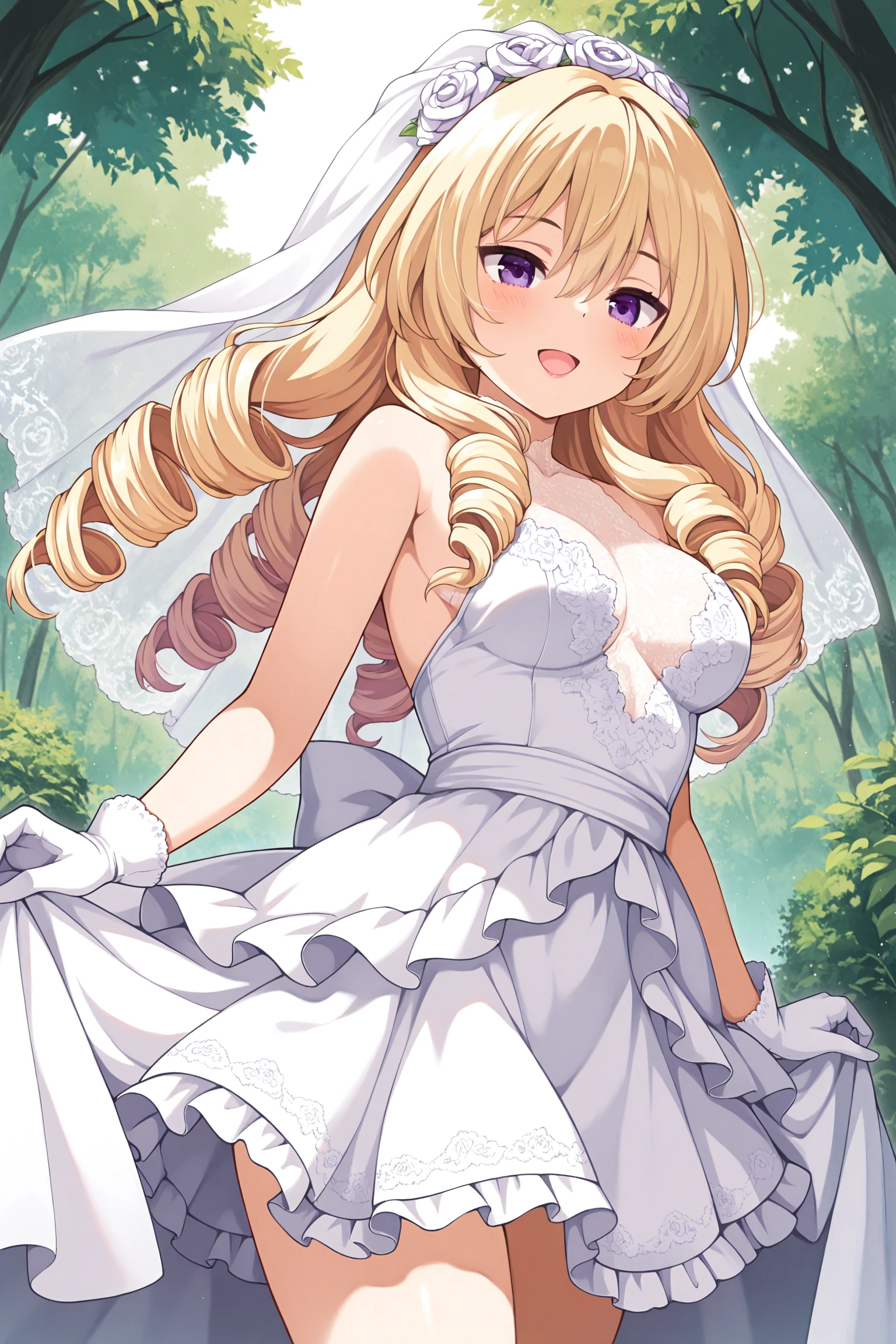 masterpiece, best quality, very aesthetic, ayanokoujimirei, solo, outdoors, nature, day, bridal veil, blonde hair, hair between eyes, drill hair, long hair, purple eyes, medium breasts, wedding dress, white dress, white gloves, frilled skirt, smile, open mouth, :d, pink lips, <lora:Ayanokouji-Mirei:0.7>