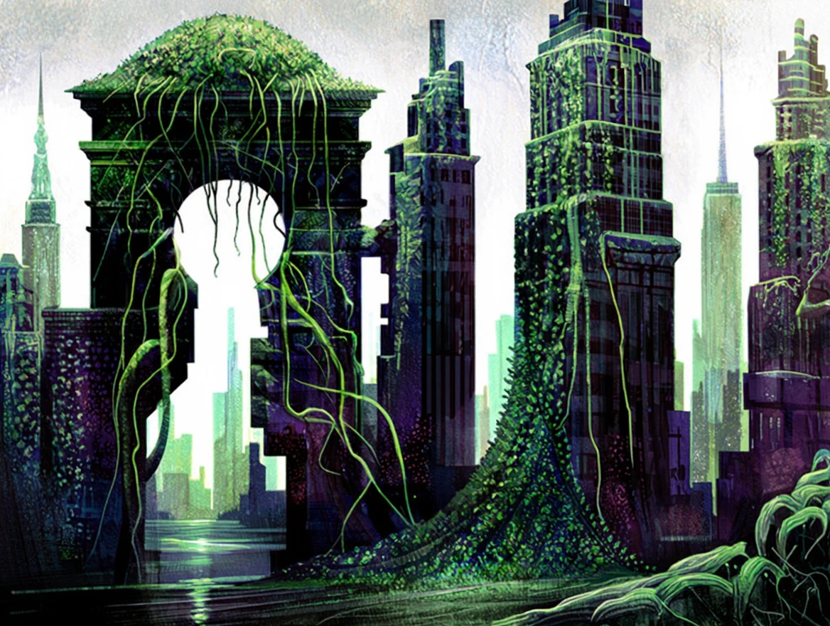 Seb Mckinnon illustration style. Post apocalypse ancient New York. Green trees and vines cover ruined buildings.