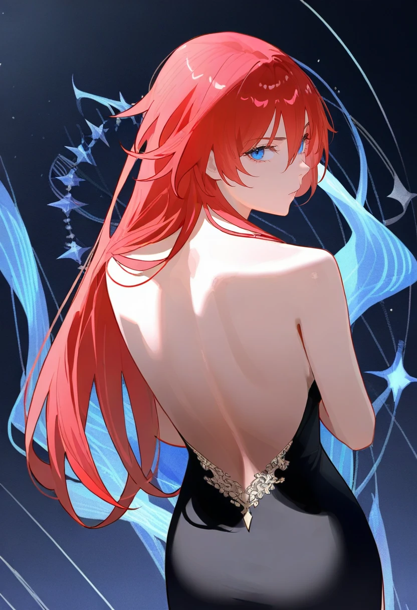 1girl, long hair, solo, dress, red hair, looking at viewer, black dress, blue eyes, strapless, backless outfit, bangs, strapless dress, backless dress, looking back, breasts, bare shoulders, hair between eyes, back <lora:dridXL_il1_lokr_V6311P:0.95>