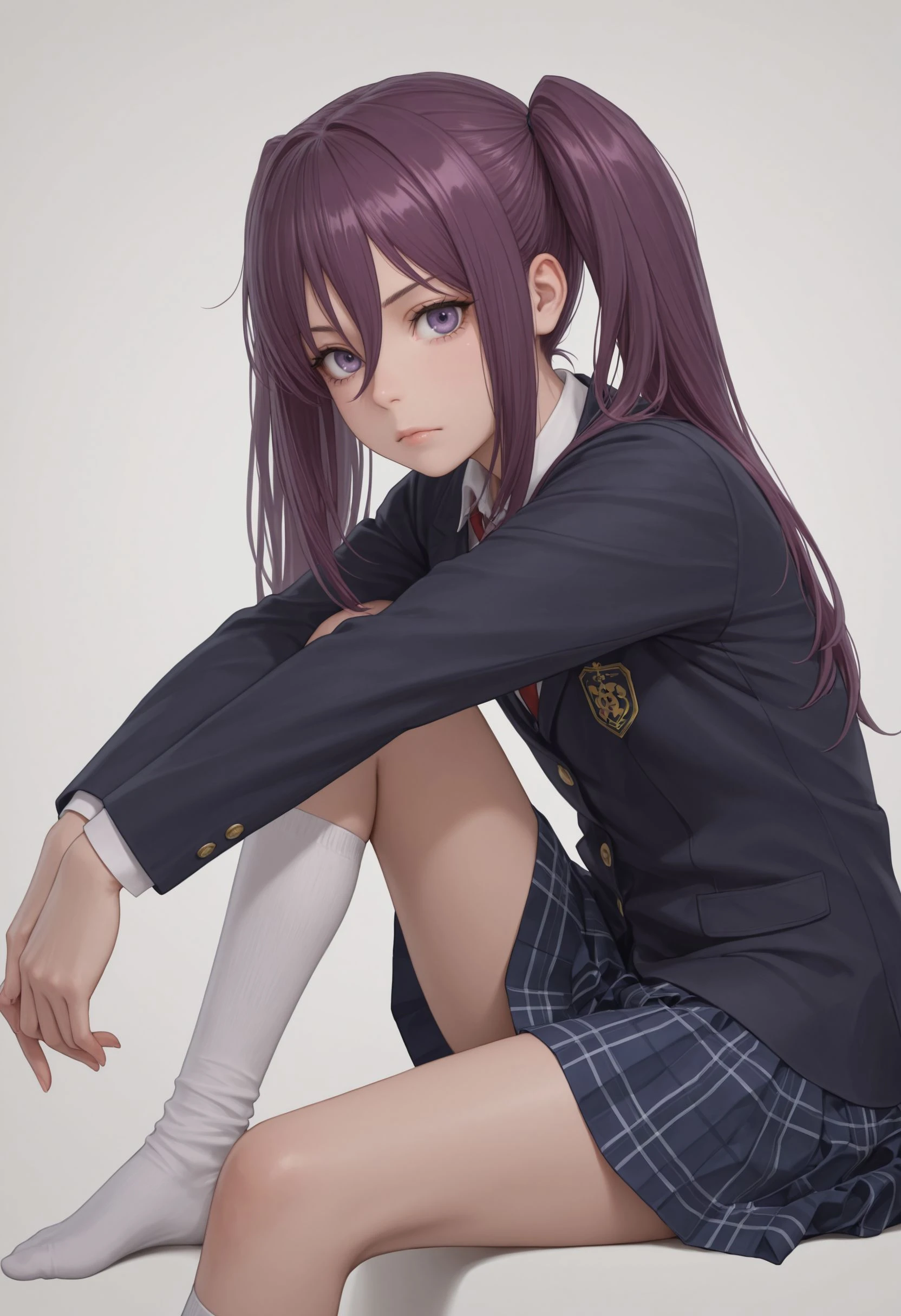 masterpiece,best quality,absurdres,highres,very aesthetic,high quality,detailed,insanely detailed,beautiful, , (realistic:0.5), solo, 1girl
very aesthetic, , very awa   <lora:Mitori Kouzaku illu V2:1>1girl, plaid skirt, white socks, purple hair, purple eyes, sitting, white background, looking at viewer, simple background, school uniform, long hair, kneehighs, long sleeves, closed mouth, jacket, knee up, blue skirt, hair between eyes, no shoes, sidelocks, twintails, pleated skirt