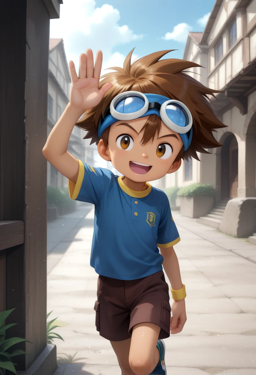 score_9, score_8_up, score_7_up, score_6_up, score_5_up,score_4_up, source_anime masterpiece, best quality, amazing quality, very aesthetic, absurdres, newest, official art, taichi yagami, brown hair, brown eyes, 1boy, male focus, goggles, solo, open mouth, goggles on head, smile, blue shirt, spiked hair, teeth,<lora:IL/Digimon_Adventure_01_Male_Characters_Pack_Illu:0.7000000000000001>