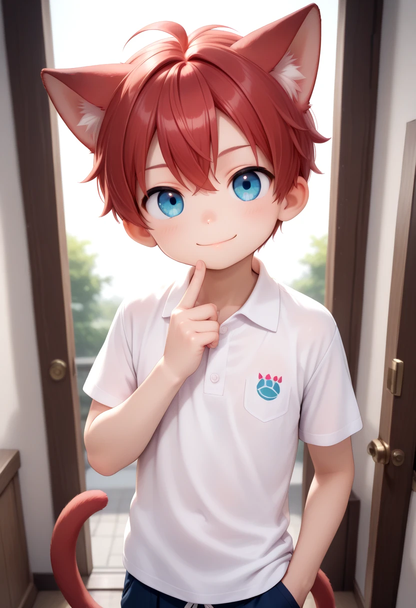 detailed eyes,aki, 1boy, crimson hair, white polo shirt, happy, male, male focus, blue eyes, cat boy, red cat ears, looking at viewer,male, male focus, vivid colors, masterpiece, high quality, closed mouth, very_high_resolution, large_filesize, full color, detailed face, one hand in pocket, shorts, <lora:IL/cutifiedanimecharacterdesign_variant_type_F_IL_v10:0.7000000000000001>