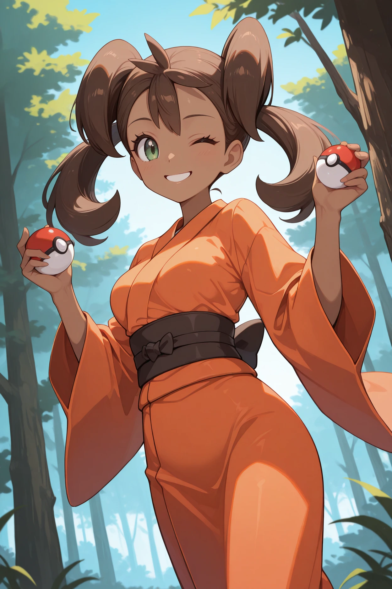 masterpiece, best quality, 1girl, solo, <lora:shauna-illu-nvwls-v1:1> pmnsn, dark-skinned female, twintails, brown hair, long hair, green eyes, medium breasts, orange kimono, sash, happy, holding poke ball, wide sleeves, forest, blue sky, looking at viewer, wink, smile