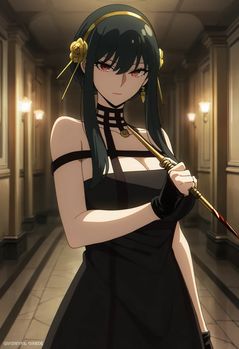 masterpiece, best quality, good quality, very awa, newest, highres, absurdres,outdoors,YorForger-SpyxFamily,Yor Forger \(Spy x Family\), 1girl, solo, long hair, breasts, looking at viewer, bangs, large breasts, black hair, hair ornament, red eyes, gloves, dress, holding, bare shoulders, jewelry, closed mouth, weapon, flower, sidelocks, hairband, earrings, black gloves, indoors, hair flower, fingerless gloves, holding weapon, blood, rose, knife, blood on weapon, holding dagger, hallway, gold earrings, watermark, serious, black outfit, holding golden stilettos, golden stilettos
,<lora:Yor Forger (Spy x Family) Illustrious v2:0.8>