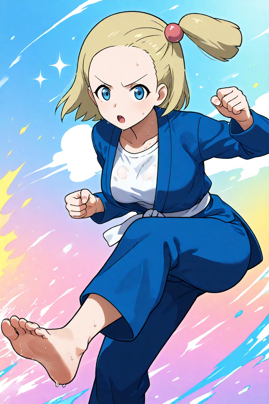 2d, masterpiece, best quality, amazing quality, 1girl, solo, standing, leaning_forward, looking at viewer, multicolored background, sparkle, gradient background, colorful background, color splashes, battlegirlxy, blue eyes, short hair, blonde hair, one side up, hair bobbles, forehead, dougi, white shirt, blue jacket, long sleeves, white sash, blue pants, barefoot, standing on one leg, sweat, kicking, leg up, soles, clenched hands, :o, v-shaped_eyebrows, (mature female, adult body, grown up, aged up), medium breasts