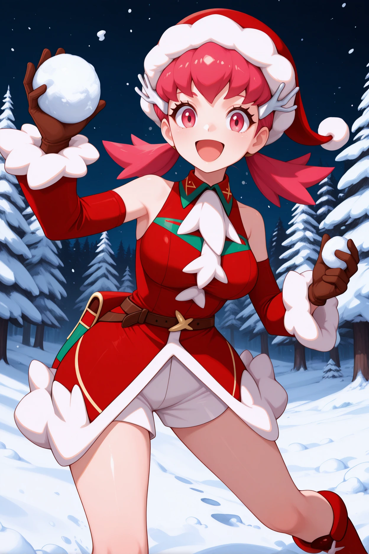 masterpiece, best quality, 1girl, solo, <lora:whitney-illu-nvwls-v1-000006:1> xmwtn, pink hair, low twintails, pink eyes, eyelashes, large breasts, santa hat, hair ornament, white ascot, red dress, short dress, sleeveless dress, fur trim, brown belt, white shorts, shorts under dress, detached sleeves, fur-trimmed sleeves, brown gloves, red boots, holding snowball, snow, night sky, forest, happy, open mouth, throwing, looking at viewer