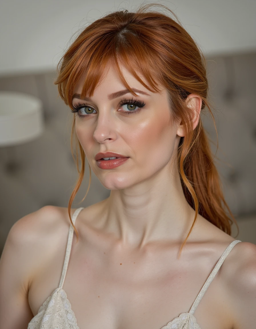 Full body photograph of a young and super cute slim Irish redhead with very small waist with dark theme, short hair, perfect teeth (thin nose, realistic freckles), full lips (ful and seductive look), erote, (perfect hands, perfect fingers). naked poing natural breasts, (hard  with realistics, real skin, real nipples, perfect nipples, bigs, epic details oipple areola) body, wide hips), blue eyes,detaile, (eye detail: 0.8), (Naturally sagging breasts, realistic skin, epic realism, RAW photography, realisn, epic realism, HDR: 1.5, epic skin detail, porous skin, goosebumps, with German features.) ( (Photorealistic): 1.1), dark background, Canon 5D, 8mm film grain, realistic shading, red pubic hair,
