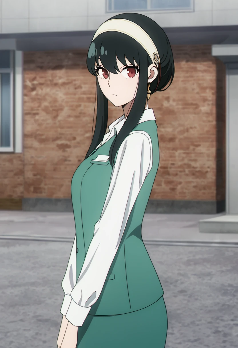 masterpiece, best quality, good quality, very awa, newest, highres, absurdres,outdoors,YorForger-SpyxFamily,Yor Forger \(Spy x Family\), 1girl, solo, looking at viewer, bangs, skirt, shirt, black hair, red eyes, long sleeves, jewelry, closed mouth, white shirt, sidelocks, hairband, earrings, collared shirt, vest, short hair with long locks, white hairband, office lady, green vest, gold earrings, office clothing
<lora:Yor Forger (Spy x Family) Illustrious v3 :0.8>