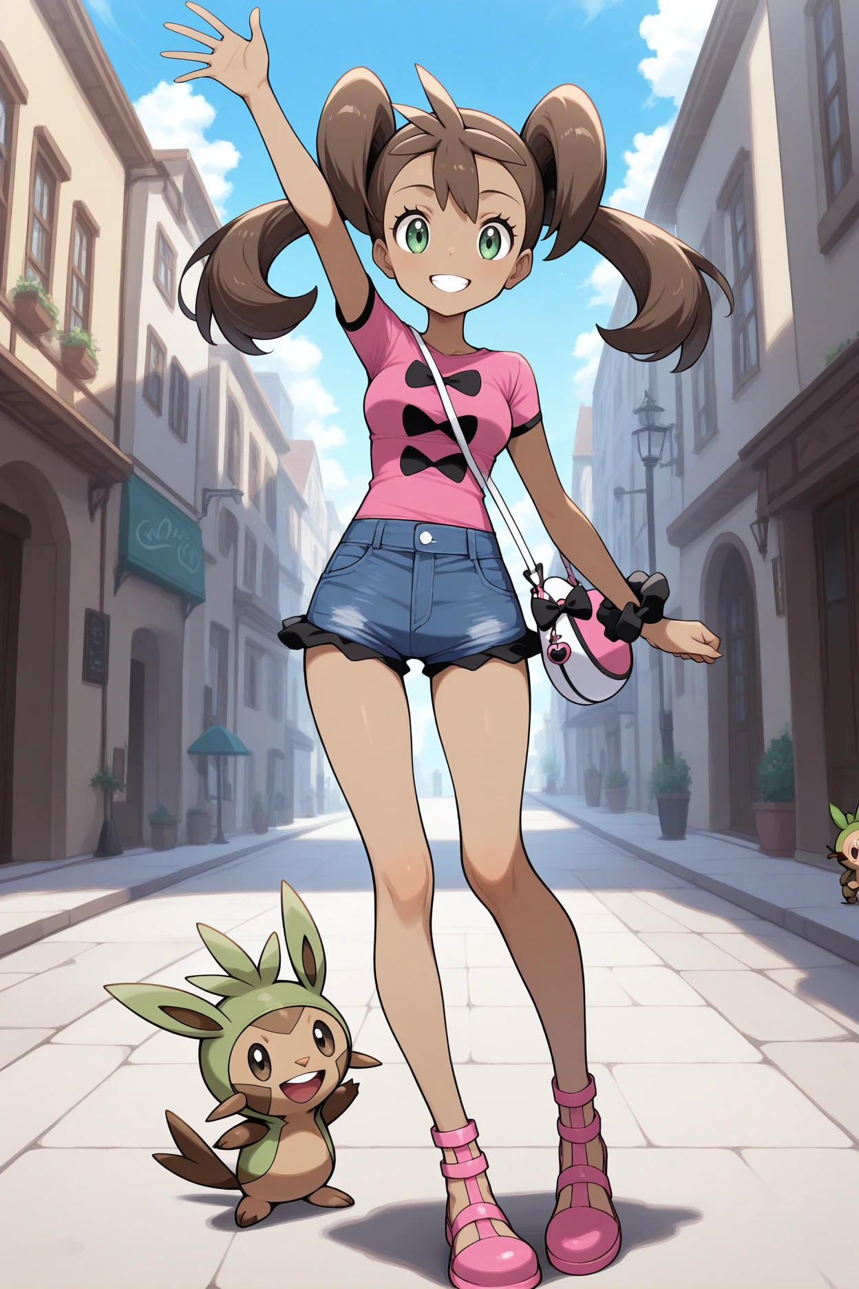 masterpiece, best quality, 1girl, solo, <lora:shauna-illu-nvwls-v1:1> pmnsn, dark-skinned female, twintails, brown hair, long hair, green eyes, pink shirt, bow print, short sleeves, denim shorts, wrist scrunchie, handbag, full body, pink shoes, looking at viewer, grin, chespin, city street, arm up, waving, blue sky, breasts