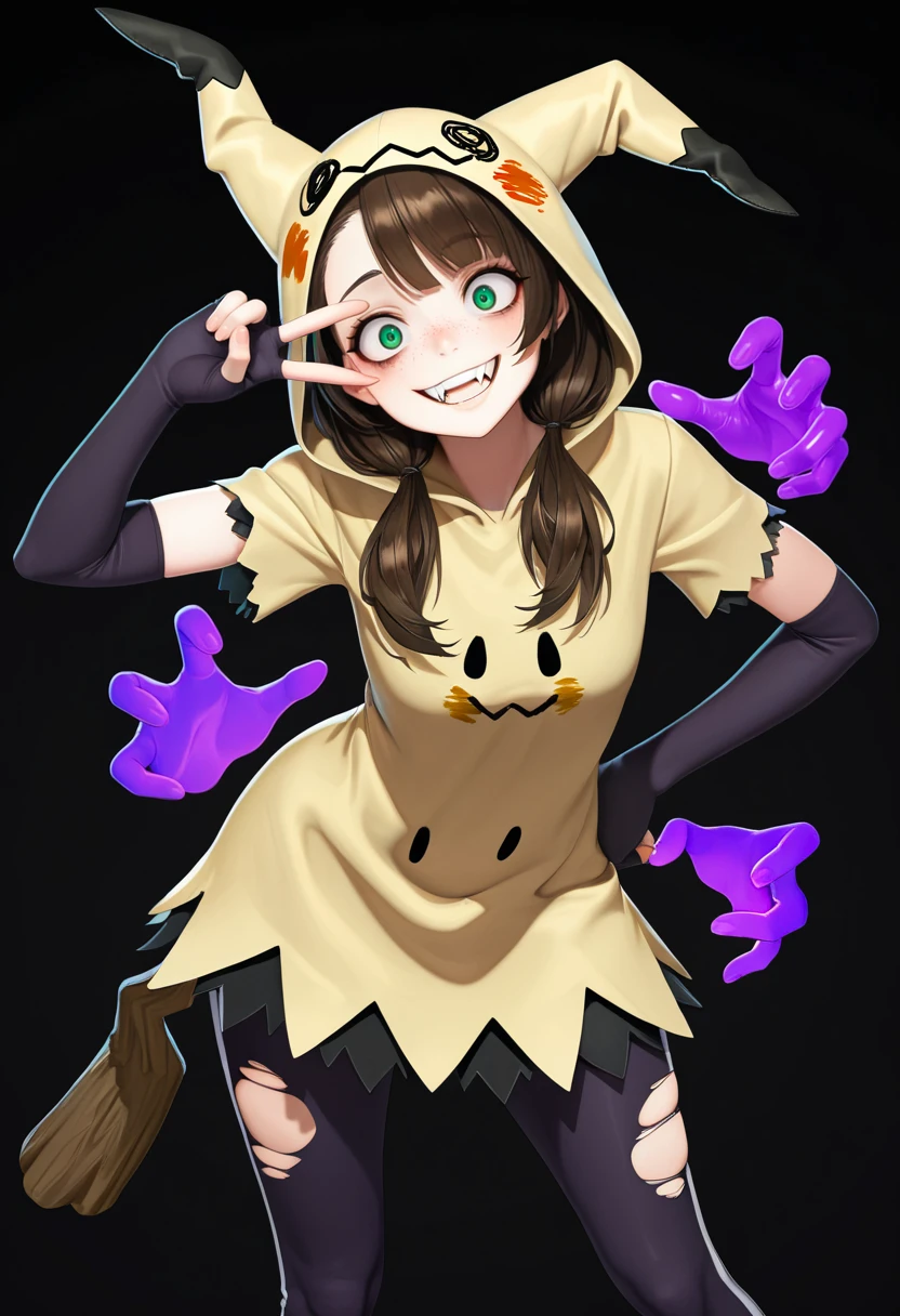 1girl,
amazing quality, high resolution, ultra-detailed, green eyes, dark-brown hair, freckles, asymmetrical bangs, low-twintails, mimikyu cosplay, personification, hood up, short sleeves, torn clothes, leggings, fingerless elbow gloves, large fangs, crazy eyes, evil grin, head tilt, contrapposto, hand on hip, v over eye, leaning forward, (purple shadow hands:1.1), (shadow hands:1.1), darkness, looking at viewer, from below, close-up, hyper-detailed, 8k uhd, absolutely eye-catching, ambient occlusion, raytracing,
masterpiece, best quality, very aesthetic, very aesthetic, absurdres, absurdres