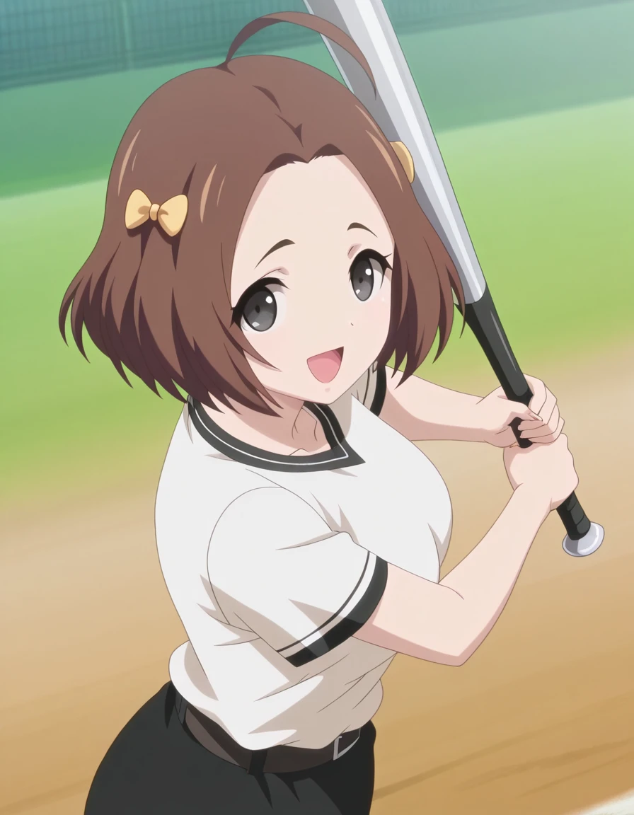 masterpiece, best quality, amazing quality,, <lora:rika-makiba-ova-illustriousxl-lora-nochekaiser:1>, rika makiba, short hair, brown hair, bow, black eyes, ahoge, hair bow, mature female, medium breasts, anime screencap, <lora:batting-stance-illustriousxl-lora-nochekaiser:1>, batting stance, looking at viewer, smile, open mouth, baseball bat, holding baseball bat, ,