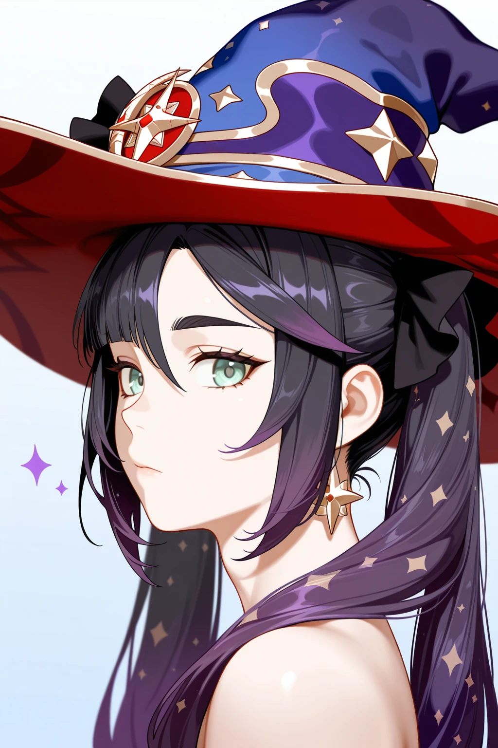 <lora:CCD-IL-000009:0.8>,CCD,mona \(genshin impact\), genshin impact,1girl, green eyes, black hair, long hair, purple hair, twintails, witch hat,from side,looking at viewer,portrait,bara,male focus,very awa,masterpiece,best quality,amazing quality,nsfw,uncersored,highres,best quality,amazing quality,best aesthetic,absurdres,