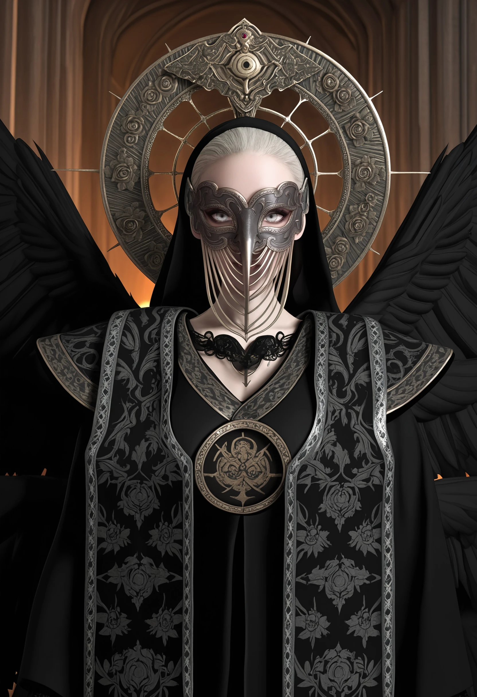 masterpiece, best quality, amazing quality, very aesthetic, absurdres, newest, <lora:MotherMirandaRE8ILf:1> m0tilf, 1girl, white hair, grey eyes, veil, halo behind head, wings, robe, mask, gloves, upper body,