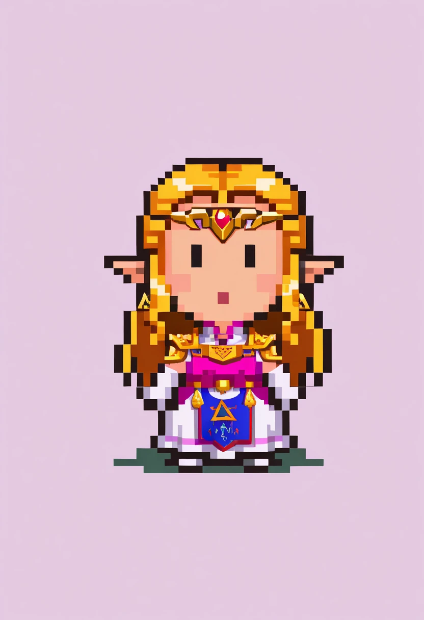 masterpiece, best quality, 1girl, :o, looking at viewer, <lora:EarthboundSprites-illu:1> solo, chibi, pixel art, full body, simple background, solid oval eyes, <lora:ootzelda-illu-nvwls-v1:1> ocarzld, blonde hair, long hair, sidelocks, pointy ears, gold tiara, earrings, gold armor, shoulder armor, long dress, white dress, magenta tunic, sleeveless tunic, tabard, elbow gloves, white gloves