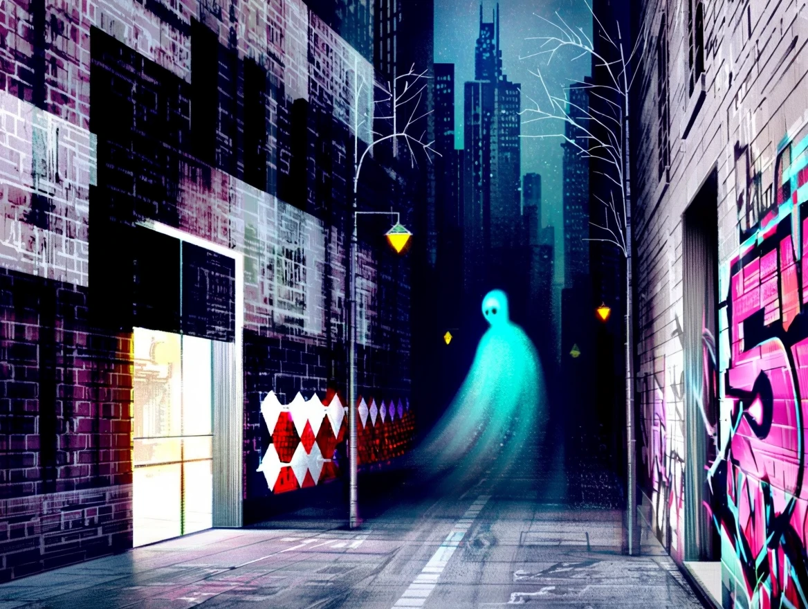 Seb Mckinnon illustration style. Modern city, ghost in an alley. It is said and haunting.