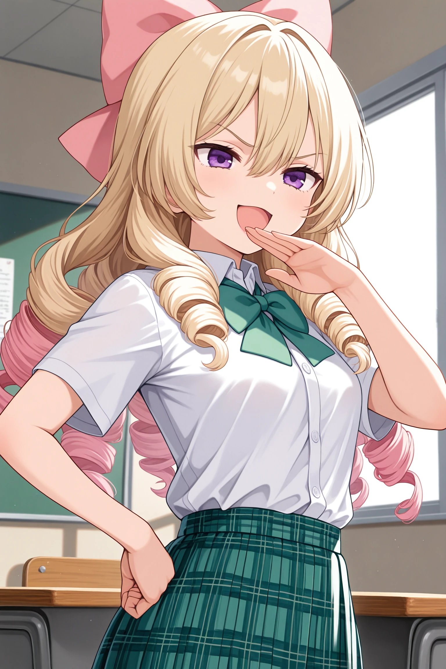 masterpiece, best quality, very aesthetic, ayanokoujimirei, solo, indoors, classroom, blonde hair, hair pink bow, hair between eyes, drill hair, long hair, purple eyes, small breasts, green bowtie, collared shirt, white shirt, short sleeves, left hand to own mouth, ojou-sama pose, right hand on hip, green skirt, plaid skirt, school uniform, light smile, open mouth, >:d, pink lips, <lora:Ayanokouji-Mirei:0.7>