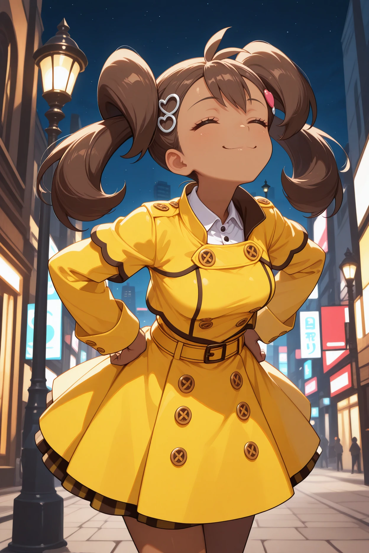 masterpiece, best quality, 1girl, solo, <lora:shauna-illu-nvwls-v1:1> spcsn, dark-skinned female, twintails, brown hair, long hair, hair ornament, yellow jacket, collared shirt, long sleeves, yellow belt, yellow skirt, layered skirt, buttons, cowboy shot, medium breasts, smug, hands on hips, looking up, closed eyes, smile, city street, night sky, lamppost
