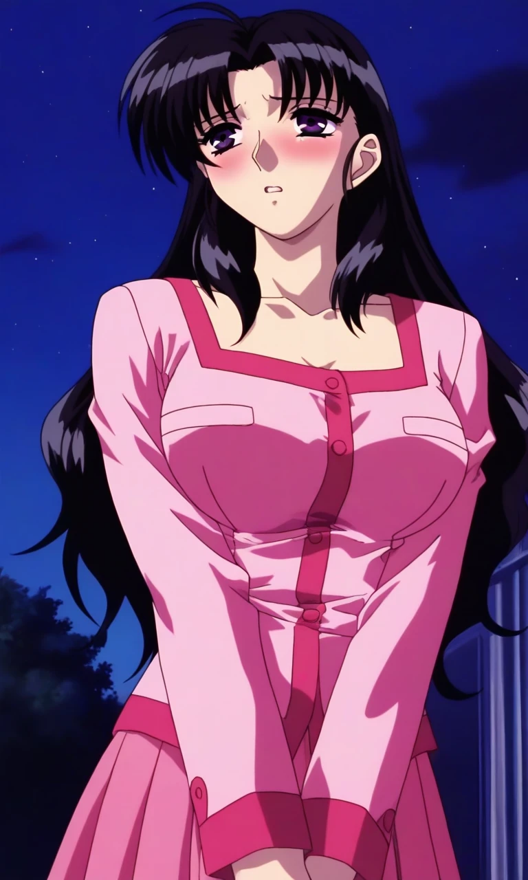 general,highres, ultra-detailed,very aesthetic,best quality ,best hands, BREAK <lora:Arima_Ayumi_YU-NO_OVA_IS:1>1990s \(style\),
Arima_Ayumi(OVA), 1girl, solo, black hair, long hair, purple eyes, large breasts,
long sleeves, pink pajamas, collarbone, pink skirt, parted lips, school uniform, pink shirt,
v arms, parted lips,
embarrassed+afraid
open mouth,
night, outdoor,