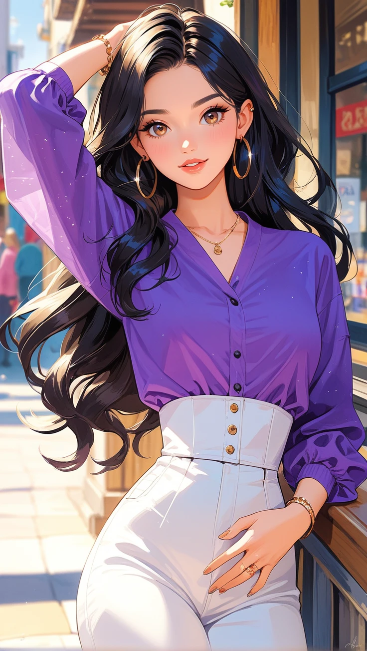 score 9, score 8 up, score 7 up, 1girl, solo, jewelry, black hair, earrings, high-waist pants, hoop earrings, brown eyes, long hair, purple shirt