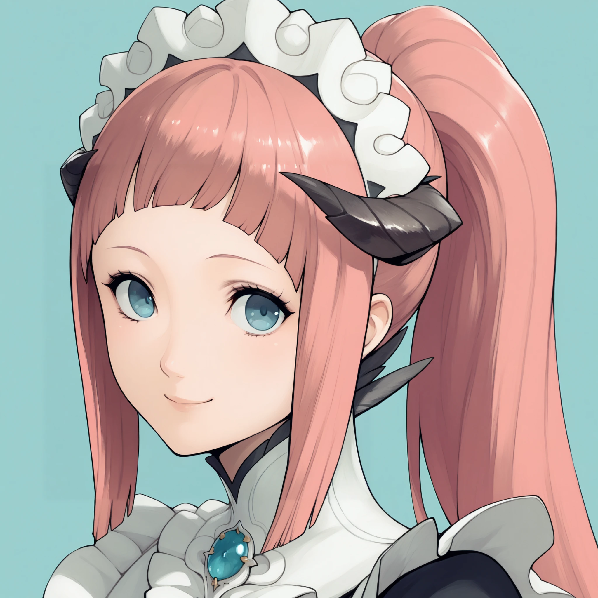 masterpiece, best quality, solo, 1girl, smile, looking at viewer, <lora:Metaphor-portraits-illus_Fp:1>, simple background, portrait, from side, <lora:felicia-fe-richy-v1_ixl:1>, f1cdf, blue eyes, pink hair, long hair, ponytail, sidelocks, blunt bangs, maid headdress, black feathered collar, blue brooch, maid, horns,