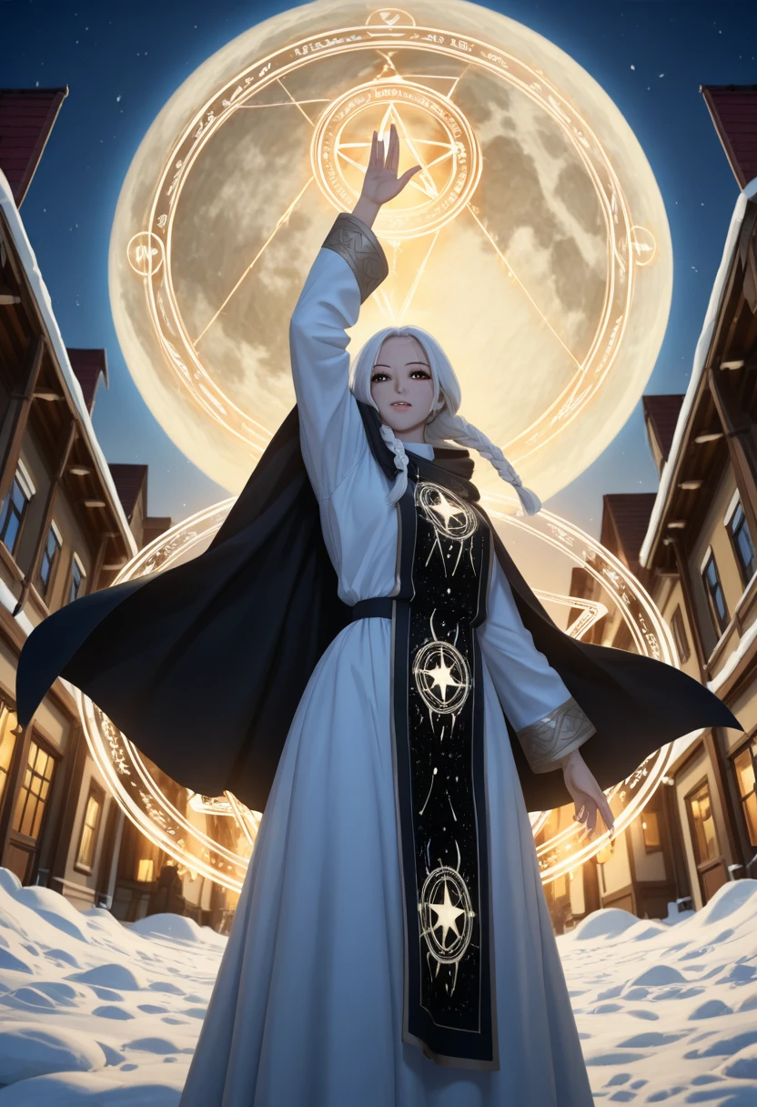 realistic,photograph,best hand,five finger,
1girl,
solo,
no lineart,
cowboyshot,
braid hair,
white hair,
white skin,
long hair,
magic robe clothes,
tabard,
cape,
dynamic pose,
arm up,
standing,
chests lift,
flash glowing one eye,
looking at viewer,
from below,
band of light,
snow wind,
lighting blur,
blue sunset,
(big moon:1.2),
High fantasy,
top of the building,
Backlit,
ray tracing,
magic chanting,
shining lighting effect,
(lighting big magic circle:1.4),
(multi layer magic circle:1.2),
factory group,
reflection lighting,
reality,
8k,
cg.
game,
wallpaper,
detailed eyes,
masterpiece,
best quality,
amazing quality,
ultra detailed,
Absurdres,
sfw