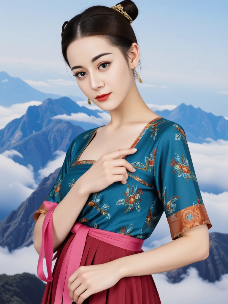 There are wonderful studio lights and various reflections,perfect light art,18yo cute beautiful asian girl with blushing,female orgasm,her detailed pale skin is naturally showing the texture of blood vessels,looking at viewer,
--,
<lora:dili_f1_rank2_bf16:1>,she is dilraba dilmurat,a young woman from china,
--,
--, <lora:zyd232_Hanfu_Flux1D_Tang_QiXiong_ShanQun_v1_0:0.6>, This is a high quality photograph. A graceful woman wearing Tang_QiXiong_ShanQun,a simple Columbia top with Tennessee orange edge,simple marlin teal sleeves,damask cardinal skirt,hot pink sash. Her hair is elegantly styled with delicate hairpins and a flowing ribbon., The woman has natural makeup,sun-kissed glow,and natural tones,featuring gradient lips and subtle eyeliner. She stands with one foot slightly behind the other,one hand on her hip,and the other hand resting on her collarbone.,<lora:BustyWomen-v3:0.5>,The background is clouds and great wall,