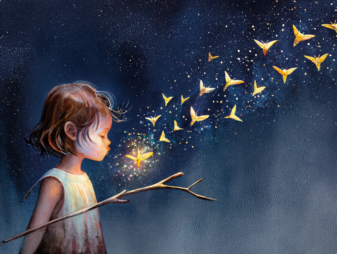 Seb Mckinnon illustration style. A young girl, perhaps around seven or eight, blows a puff of air towards a scattering of golden moths that seem to float from her outstretched hand. The moths are varied in size and wing position, some with wings fully extended, others more gently folded, and they swirl around her as if summoned by her breath. She holds a slender, somewhat twisted branch in her hand, extending it almost horizontally as if guiding the moths. Her hair is a bit messy, with strands framing her face, and she has a somewhat pensive expression, her eyes focused on the moths. The background is a deep, rich dark blue, almost a nighttime hue, with subtle variations in tone and a slightly textured appearance. The lighting is soft and golden, illuminating the girl and the moths, with a gentle glow that seems to emanate from the moths themselves, and it's a bit more diffused as it extends further from the girl, creating a slight halo effect around her. This is a medium shot, capturing the girl from about the waist up, showcasing her expression and the movement of the moths beautifully. The atmosphere is mysterious and somewhat enchanting, with a feeling of quiet magic and whimsy, as if the girl is sharing a secret moment with these golden, fluttering creatures.