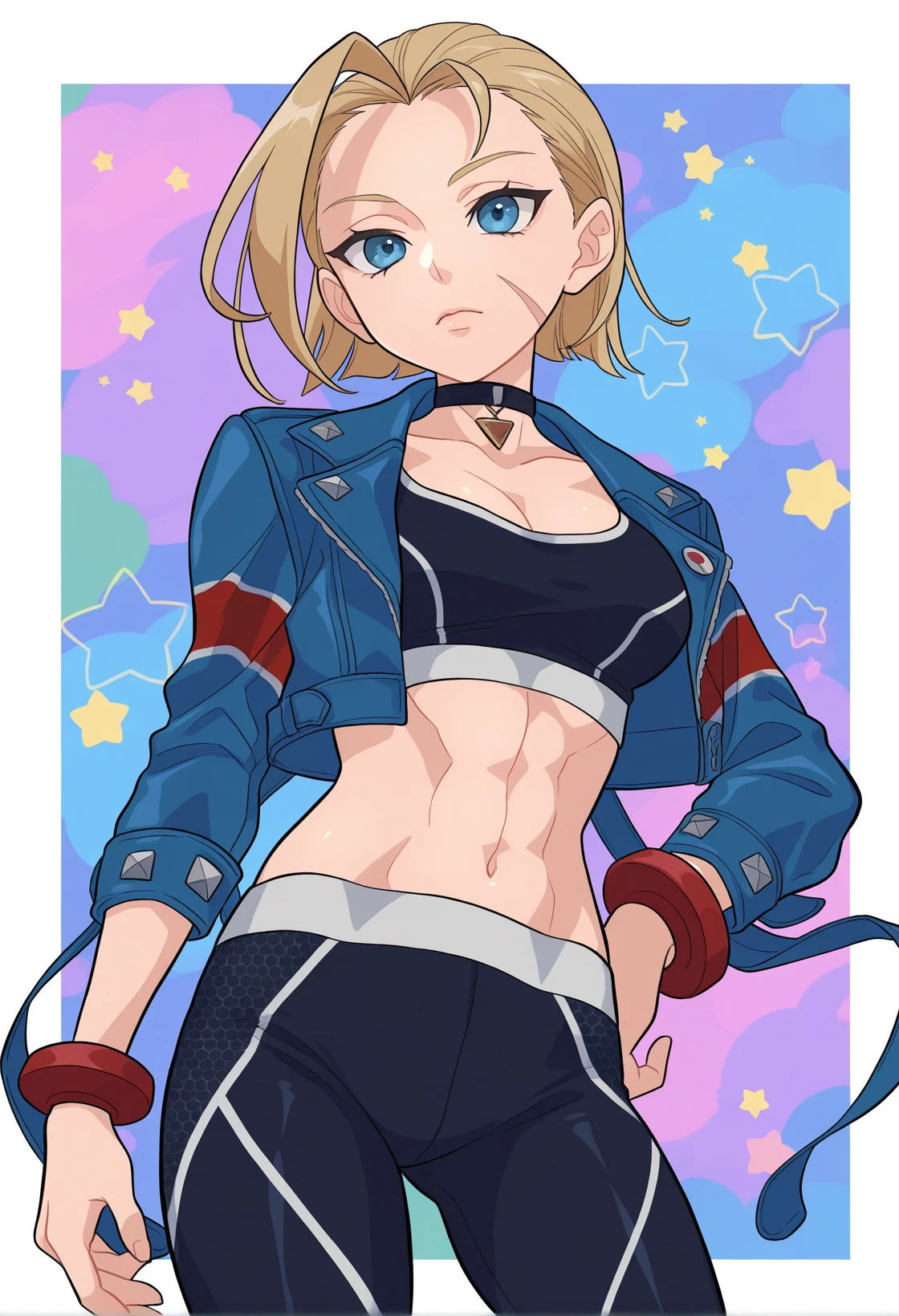 <lora:MCNsZetsuyoO03:1> MCNsZe75uy0O,colorful background, stars background, drawn stars background, colorful stars on background, three quarter view, from above,
1girl, cammy white, solo, blonde hair, jacket, blue eyes, breasts, blue jacket, navel, scar, scar on face, pants, choker, scar on cheek, midriff, looking at viewer, cleavage, open jacket, sports bra, open clothes, black sports bra, short hair, crop top, closed mouth, pendant choker, black pants, official alternate costume, collarbone, stomach, medium hair, black choker, yoga pants, long sleeves, cropped jacket, cowboy shot, medium breasts, arm behind back, strapless, large breasts, tight pants, white border, abs