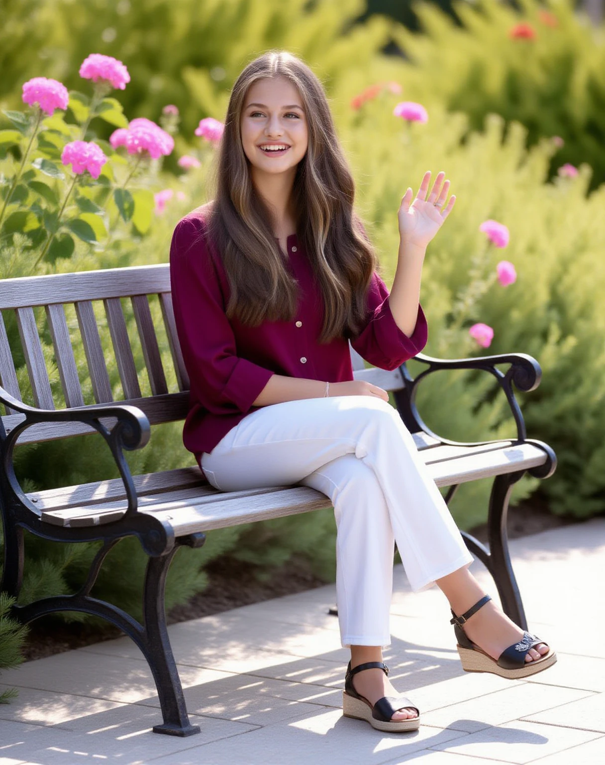 A high-resolution photograph captures a teen girl,sitting on a weathered wooden bench in a lush garden setting. She has a light skin tone and long, brown hair styled. She is wearing a classic burgundy shirt, the rich color contrasting with her fair complexion. Partnered with the shirt are white pants, their clean lines completing the outfit. Black wedge sandals with a decorative buckle adorn her feet.
Her expression is cheerful, with a wide smile and a wave, as if she is greeting someone. The background features a vibrant garden with blooming pink flowers and green foliage, set against a clear blue sky. The bench she sits on is positioned on a paved pathway with light brown tiles. The overall ambiance of the image is bright and cheerful, capturing a moment of youthful joy and carefree summer fun. The photograph is crisp and detailed, highlighting the textures of the clothing and the garden's natural beauty.