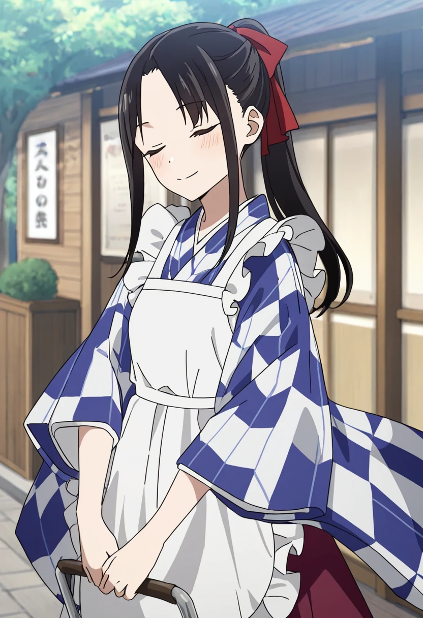 masterpiece, best quality, good quality, very awa, newest, highres, absurdres,outdoors,KaguyaShinomiya-LoveIsWar,
Kaguya Shinomiya \(Love is War\), 1girl, solo, long hair, blush, smile, skirt, black hair, long sleeves, bow, ribbon, closed mouth, closed eyes, ponytail, hair bow, sidelocks, frills, japanese clothes, wide sleeves, kimono, apron, red bow, white apron, maid apron, wa maid
, <lora:Kaguya Shinomiya (Love is War) Illustrious v3:0.8>