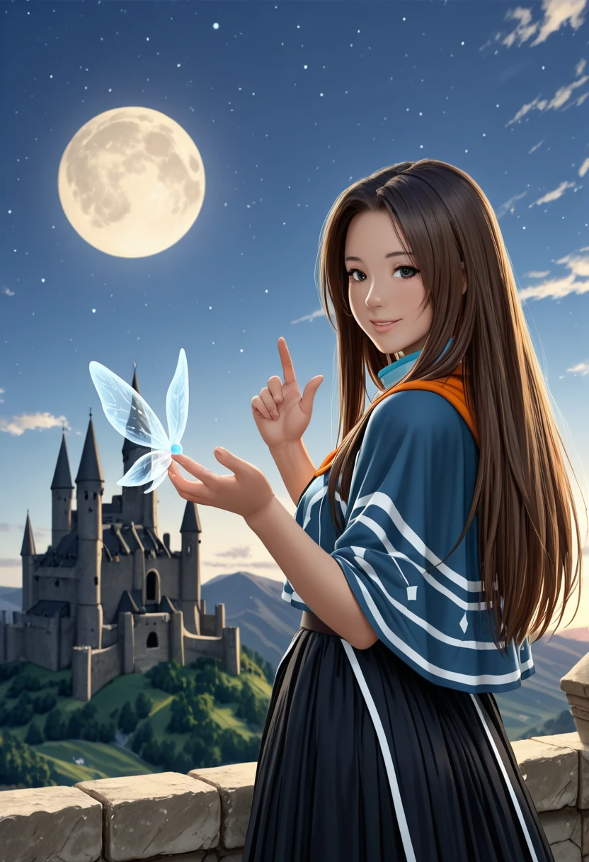 realistic,photograph,upper body,no lineart,solo,
,smile,looking back,dewprism,
poncho,long skirt,sky,moon,flying,fantasy,
transparent fairy wing,shiny,looking at viewer,
stone castle,
best hand,five finger,
masterpiece,
best quality,
amazing quality,
ultra detailed