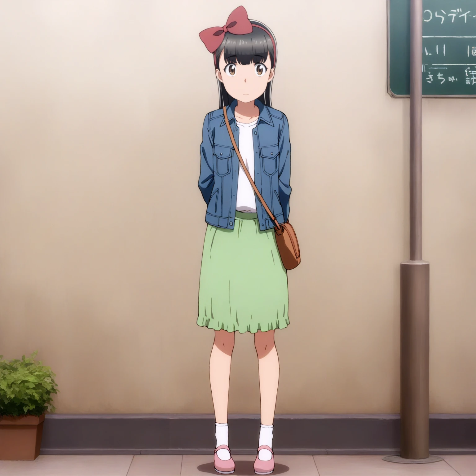 1girl, standing, roki_hirokix style, house, , school bag, twintails, car, carrying bag
