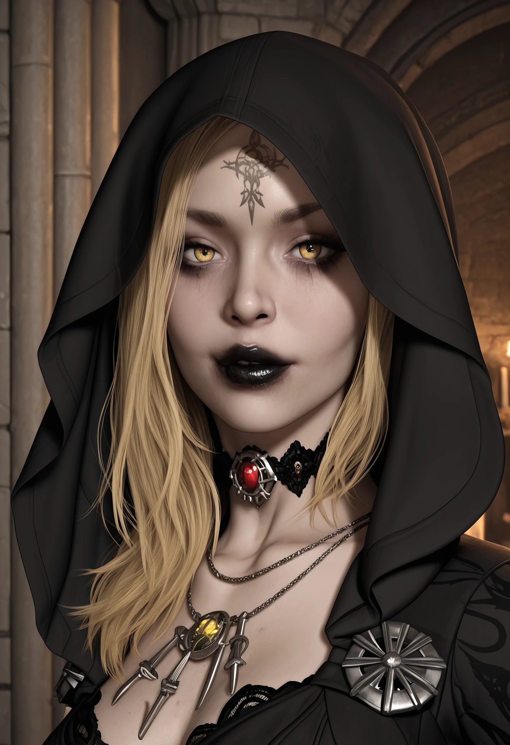 masterpiece, best quality, amazing quality, very aesthetic, absurdres, newest, <lora:BelaDimitrescuILf:1> b3lilf, 1girl, blonde hair, yellow eyes, black lips, forehead tattoo, hood, dress, choker, necklace, looking at viewer, portrait, from side,
castle interior,