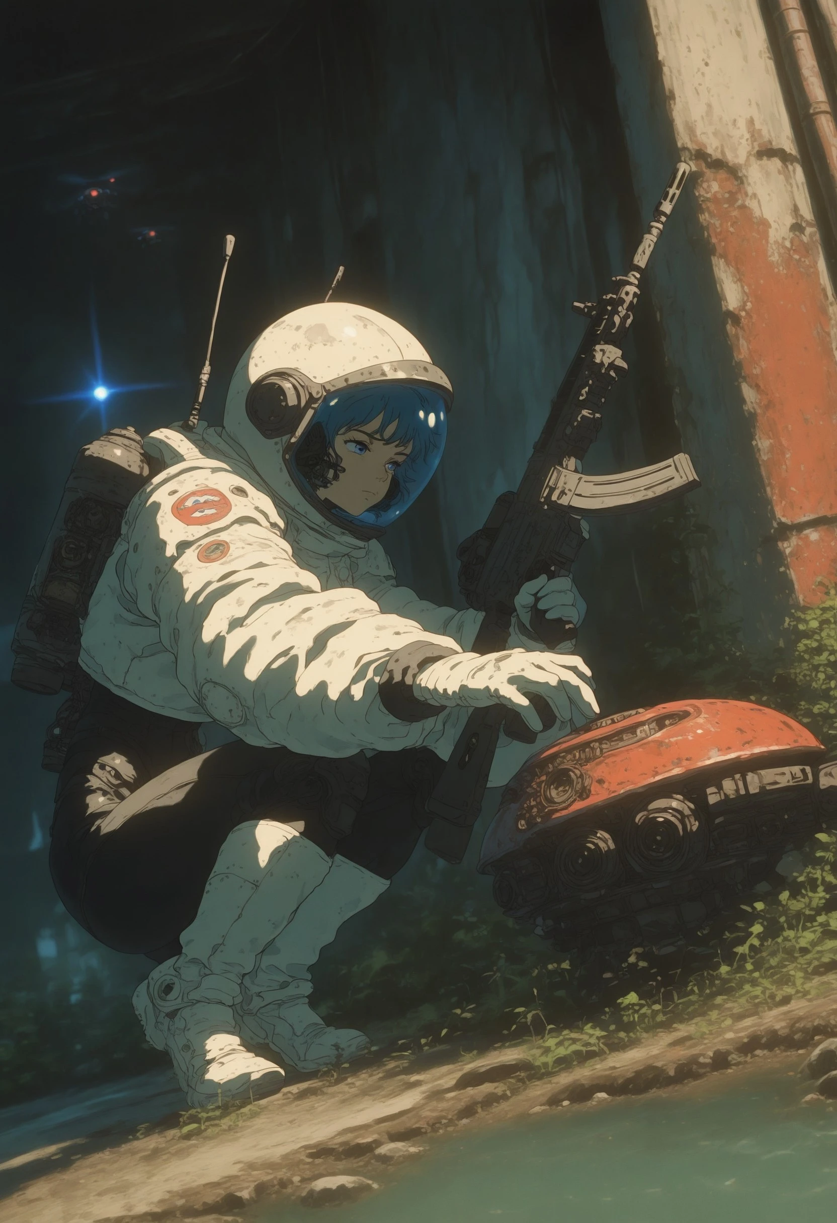 crdhrs2, 1girl, solo, space_helmet, (((looting))), blue_eyes, sci-fi, nasa punk, crouching, reaching, skin_tight, bodysuit, layered_outfit, oversized jacket, oxygen_tank, scanner, (((old technology))), red light, drone, post-apocalypse, overgrown, dilapidated, reflection, (looking away), (unaware), holding, holding_weapon, assault_rifle, submachine_gun, dynamic dutch angle, scenery, masterfully drawn, 4K, amazing quality, aesthetic, details, framevault, latest 2024, <lora:f433d27d-5d64-45e4-8805-fb94d21fd6ad:1.0>