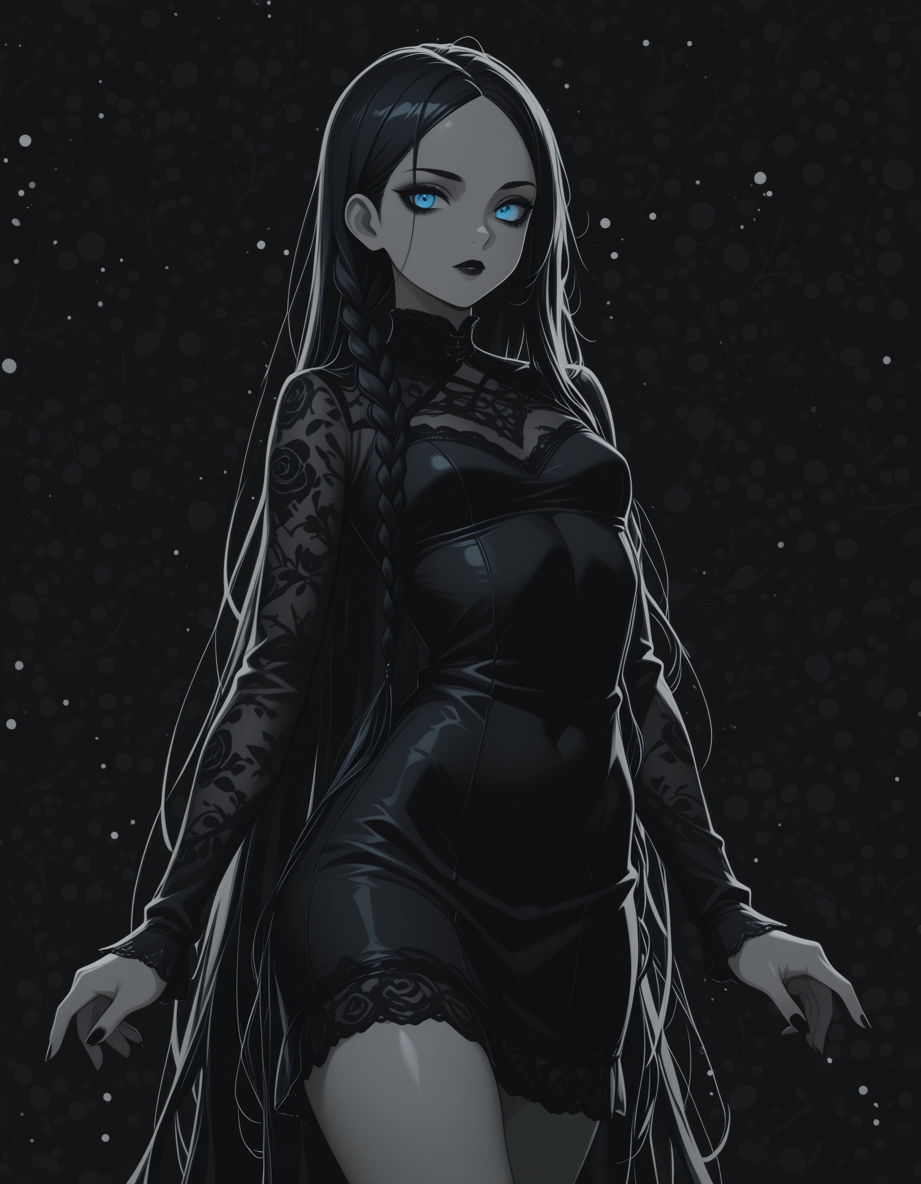 (addmicrodetails), (4K), (solo), (human):1.3, (masterpiece, best quality, absurdres, very aesthetic),
1girl, beautiful eyes, goth, pale skin, black hair, very long braids, undercut, strong face, black makeup, solo, small breasts, curvy, bright blue eyes, short dress, lace dress, black dress, goth dress, dancing, (dark space :1), (flat lighting, flat color, flat design, no lineart:1), monochrome, film grain, spot color, local spot color, iridescent, pearlescent, masterpiece, best quality, amazing quality, very aesthetic, absurdres, newest,