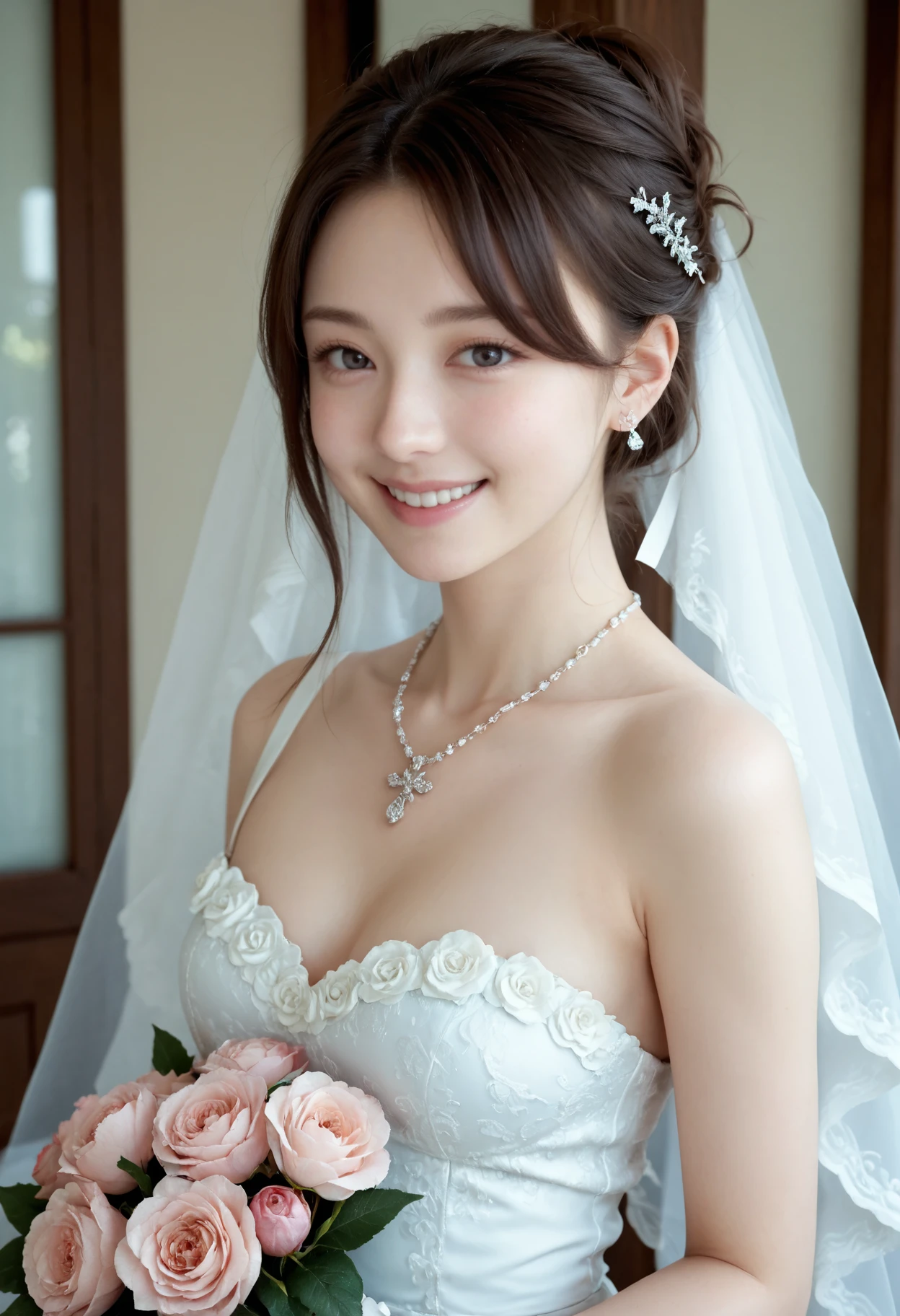 (table top、highest quality、8k、very detailed and intricate details、Award-winning work、ultra high resolution)、(pregnant princess in a wedding dress:1.1)、(Gorgeous huge rose field with depth:1.3)、(A wedding ceremony is held in a flower garden filled with bright roses.:1.3)、(Huge, top-of-the-line flower tunnel:1.3)、(Huge finest rose arch:1.3)、(A huge rose field filled with lots of roses:1.3)、(Bride surrounded by lots of flowers:1.1)、(A rose field filled with lots of pink, white, and red roses:1.3)、(Detailed beautiful mass of flowers:1.1)、Finely drawn ultra-high definition background、A princess in a bridal suit standing elegantly、Big breasts that are about to burst、photo of the bride's upper body、the best smile looking at me、(最も贅沢なhighest qualityの巨大なお姫様のティアラ:1.1)、(最も贅沢なhighest qualityの巨大なお姫様のネックレス:1.1)、(perfect and accurate wedding lace:1.3)、Very bright lighting、Beautiful skin that shines white、perfect makeup、accurate anatomy、(Very intricately decorated down to the last detail.:1.1)、ultra high definition hair、ultra high resolutionの完璧な美しい歯、Ultra high definition beauty face、ultra high definition hair、Super high-definition sparkling eyes、輝くultra high resolutionの白い肌、ultra high resolutionの艶やかな唇
