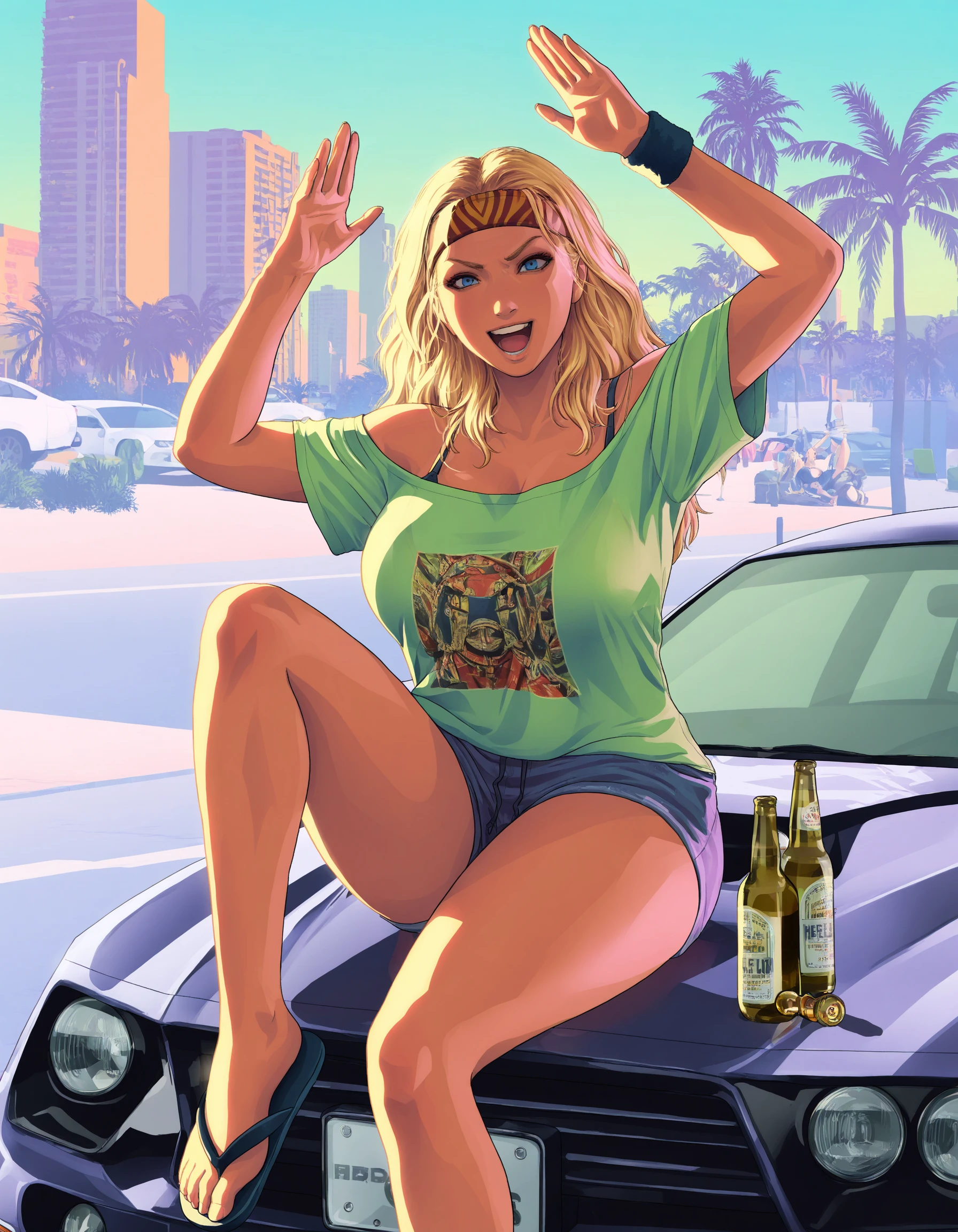 (masterpiece, shaded) gta6style, digital art, detailed background, palm tree, outdoors, city, street, vehicle, car, looking at viewer, sitting on windowsill, sports car, human, front view, beer bottle, long hair, blue eyes, off shoulder, bra strap, big breasts, blonde hair, t-shirt, hands up, flip-flops, raised arms, hippie, psychedelic, headband, wristband, angry eyes, open smile <lora:GTA6 Key Art Style NoobA:1>