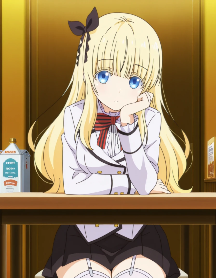 masterpiece, best quality, amazing quality,, <lora:juliet-persia-s1-illustriousxl-lora-nochekaiser:1>, juliet persia, long hair, bangs, blue eyes, blonde hair, black ribbon, black bow, hair ribbon, hair bow, mature female, medium breasts, anime screencap, skirt, shirt, thighhighs, long sleeves, jacket, white shirt, pleated skirt, striped, miniskirt, bowtie, black skirt, red bow, zettai ryouiki, black ribbon, garter straps, blazer, white jacket, striped bow, striped bowtie,, sitting, elbow rest, table,, hotel room, bed, desk, mini_fridge, room_service, cowboy shot, solo, looking at viewer,